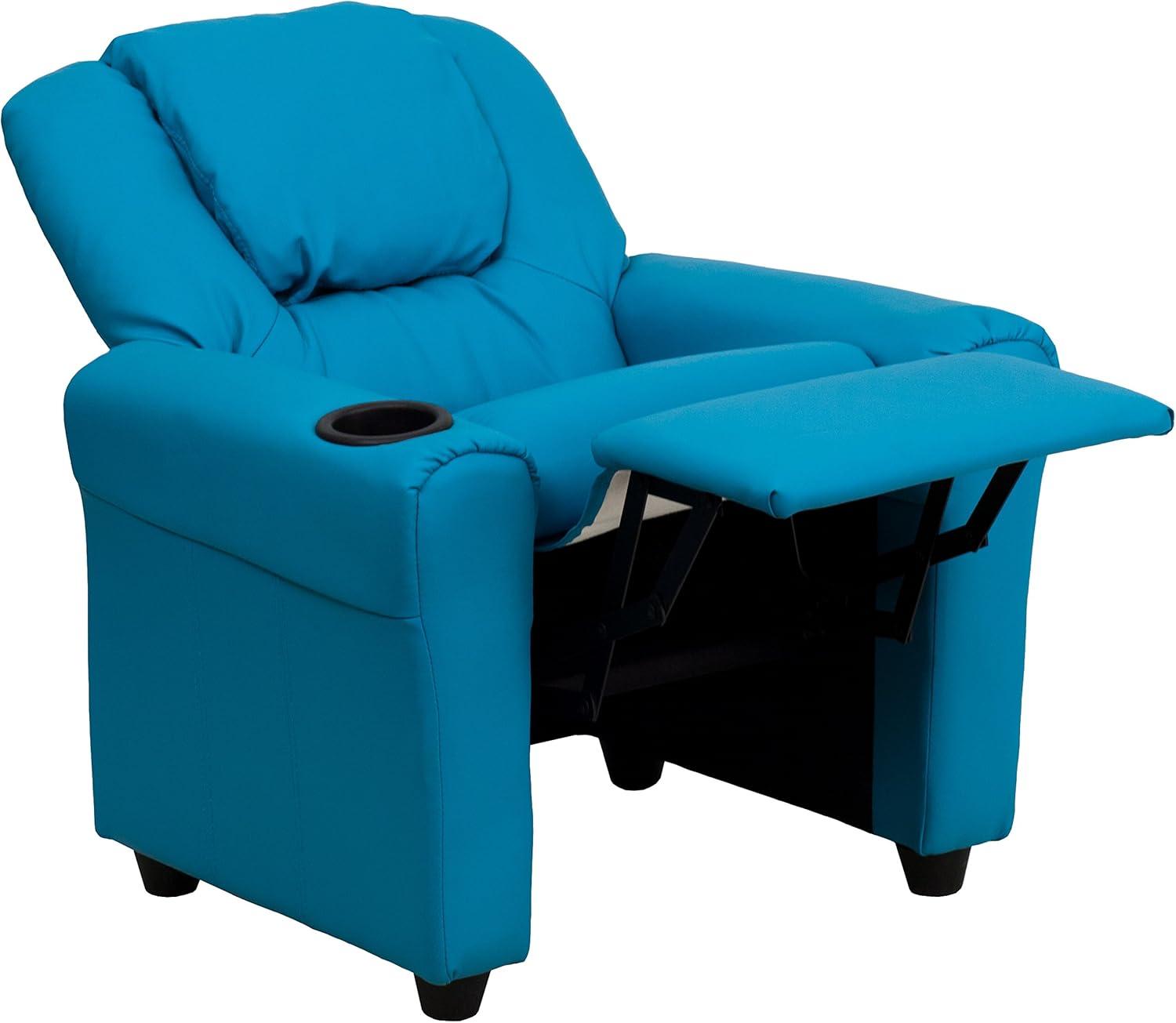 imageFlash Furniture Vana Vinyl Kids Recliner with Cup Holder Headrest and Safety Recline Contemporary Reclining Chair for Kids Supports up to 90 lbs BeigeTurquoise Vinyl