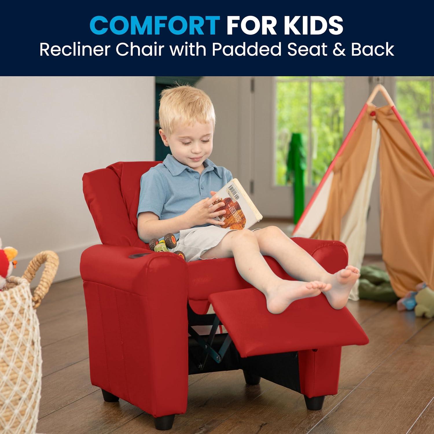 imageFlash Furniture Vana Vinyl Kids Recliner with Cup Holder Headrest and Safety Recline Contemporary Reclining Chair for Kids Supports up to 90 lbs BeigeRed Vinyl