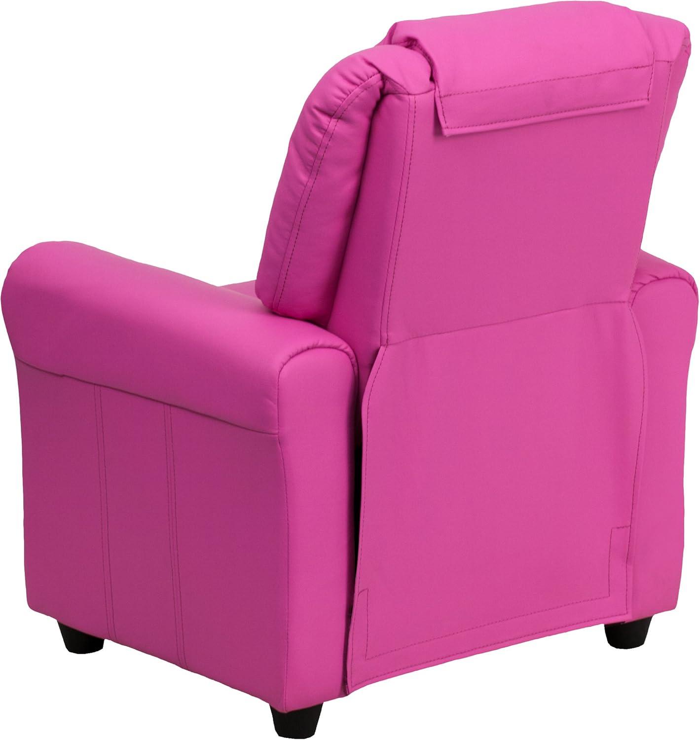 imageFlash Furniture Vana Vinyl Kids Recliner with Cup Holder Headrest and Safety Recline Contemporary Reclining Chair for Kids Supports up to 90 lbs BeigeHot Pink Vinyl