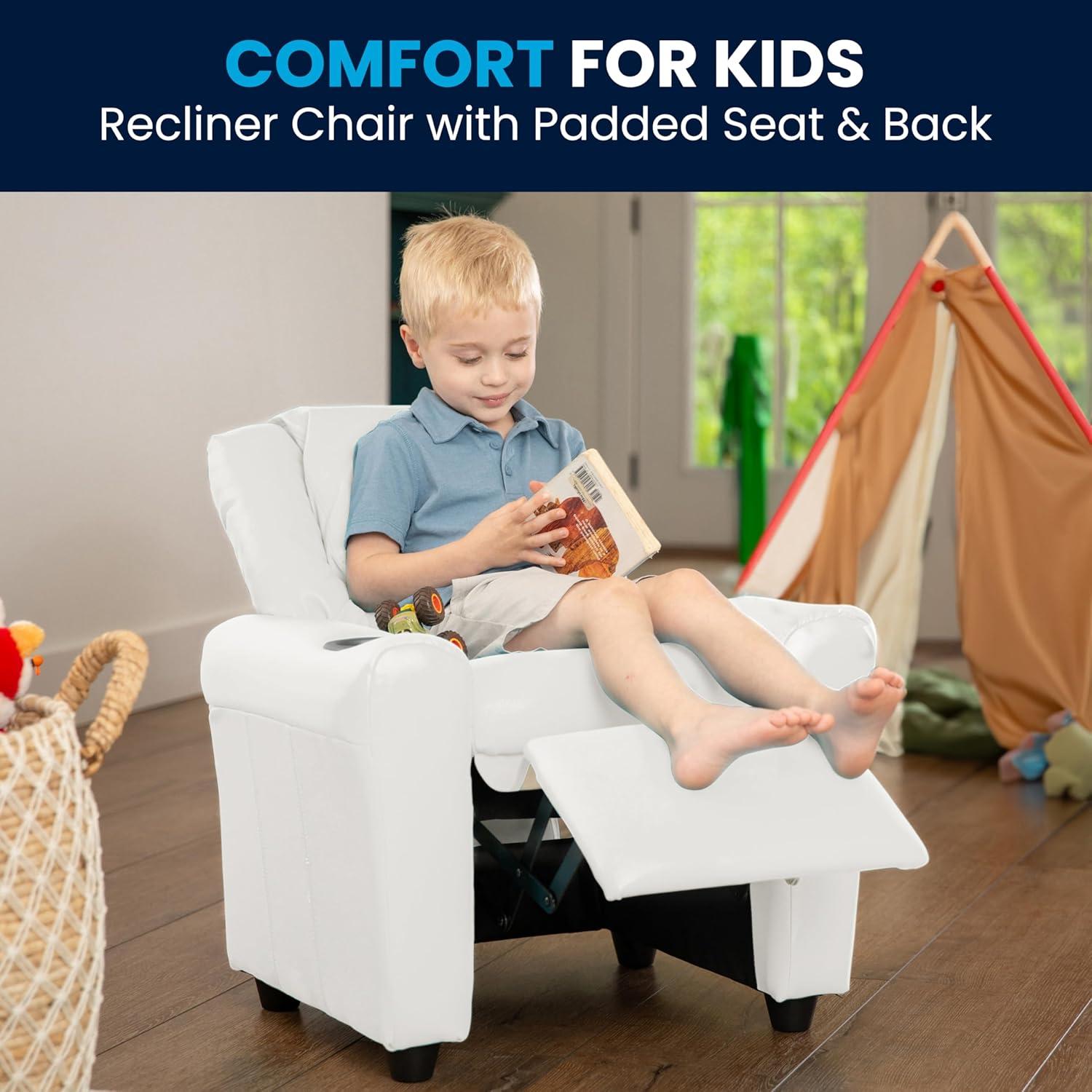 imageFlash Furniture Vana Vinyl Kids Recliner with Cup Holder Headrest and Safety Recline Contemporary Reclining Chair for Kids Supports up to 90 lbs BeigeWhite Vinyl