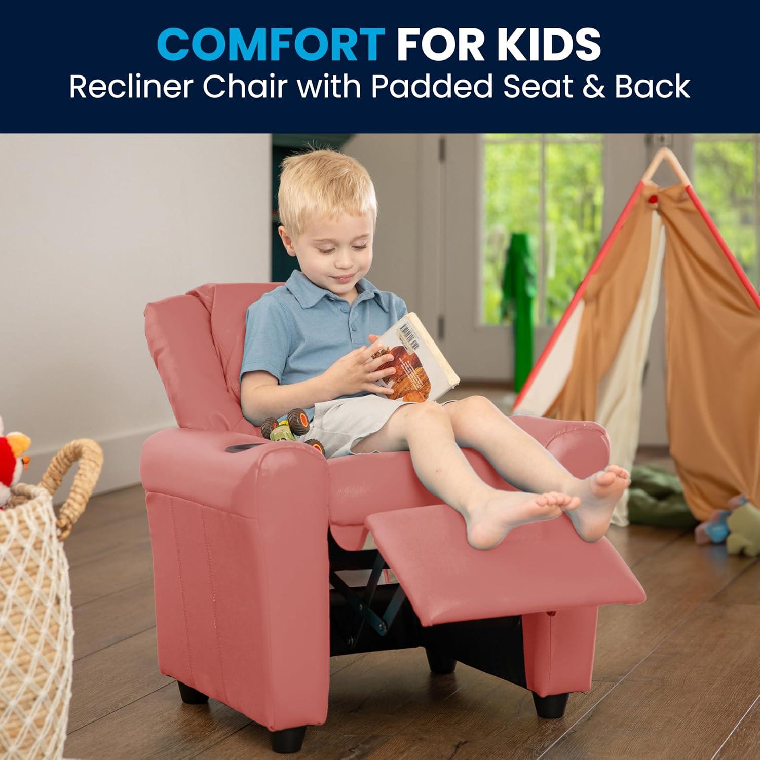 imageFlash Furniture Vana Vinyl Kids Recliner with Cup Holder Headrest and Safety Recline Contemporary Reclining Chair for Kids Supports up to 90 lbs BeigePink Vinyl