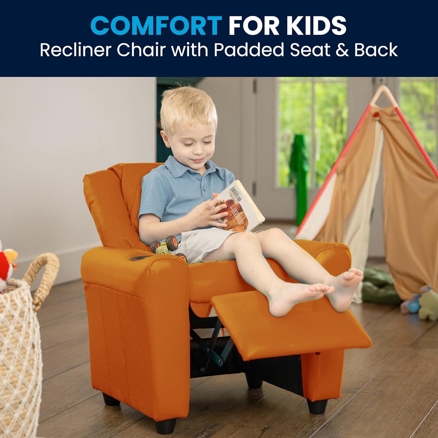 imageFlash Furniture Vana Vinyl Kids Recliner with Cup Holder Headrest and Safety Recline Contemporary Reclining Chair for Kids Supports up to 90 lbs BeigeOrange Vinyl