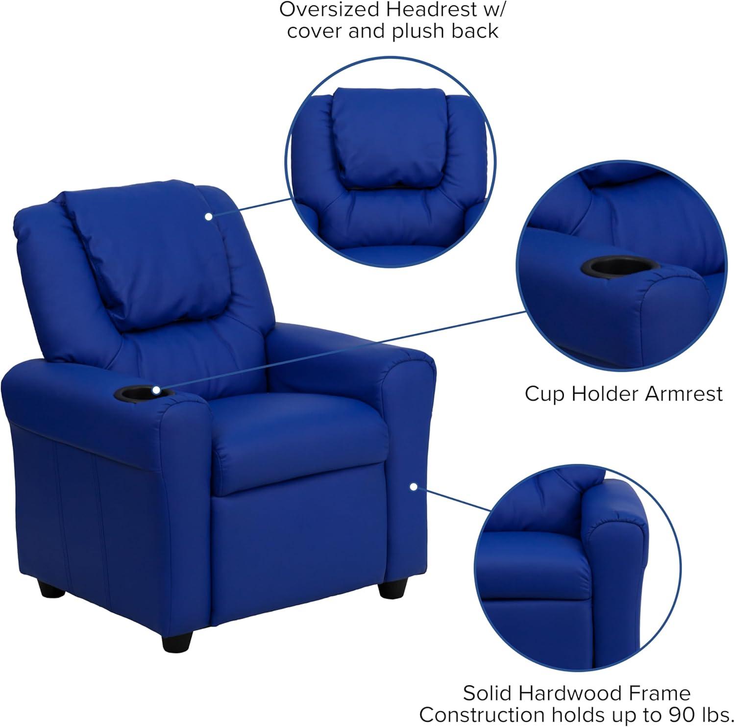 imageFlash Furniture Vana Vinyl Kids Recliner with Cup Holder Headrest and Safety Recline Contemporary Reclining Chair for Kids Supports up to 90 lbs BeigeBlue Vinyl