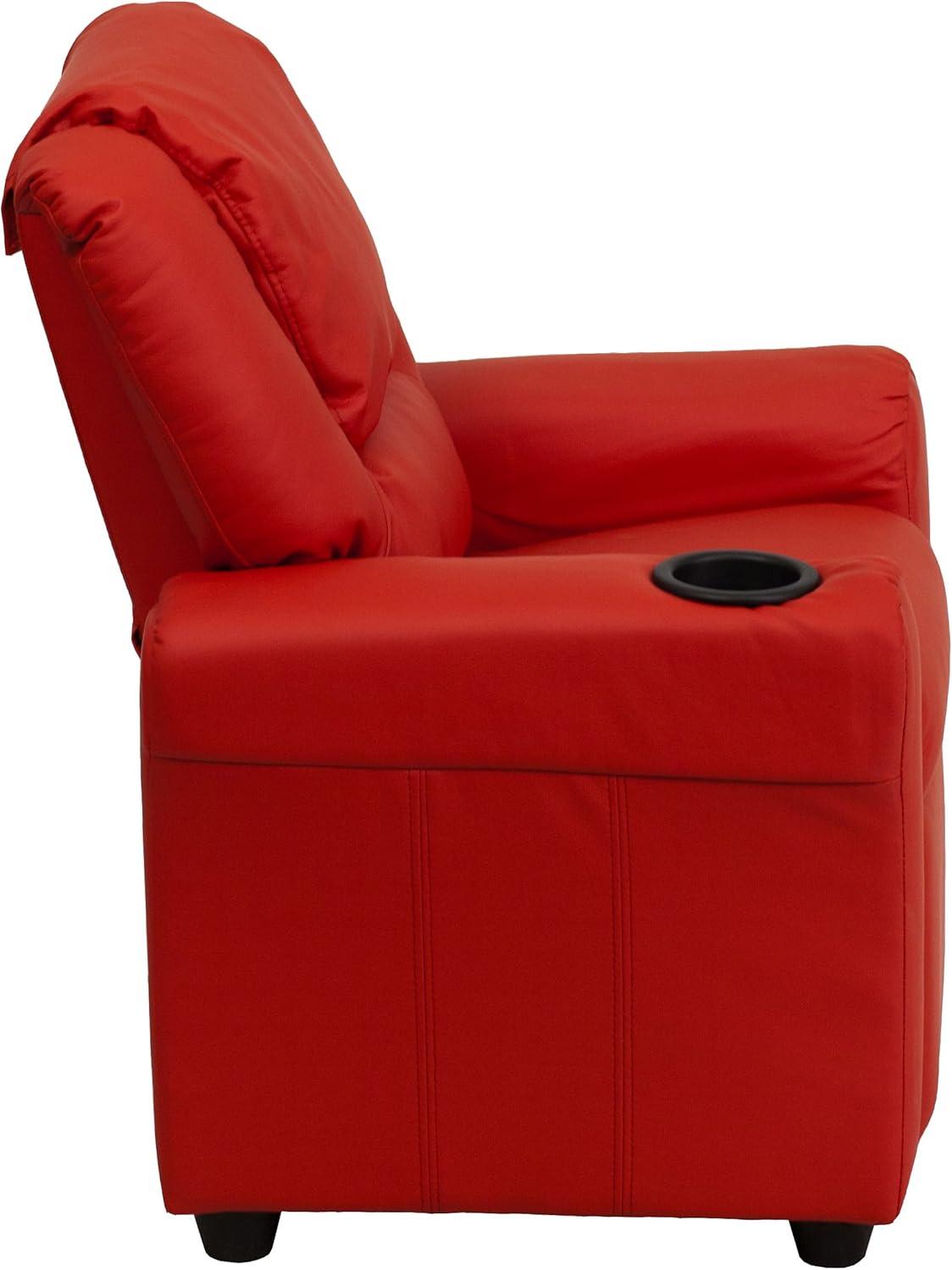 imageFlash Furniture Vana Vinyl Kids Recliner with Cup Holder Headrest and Safety Recline Contemporary Reclining Chair for Kids Supports up to 90 lbs BeigeRed Vinyl