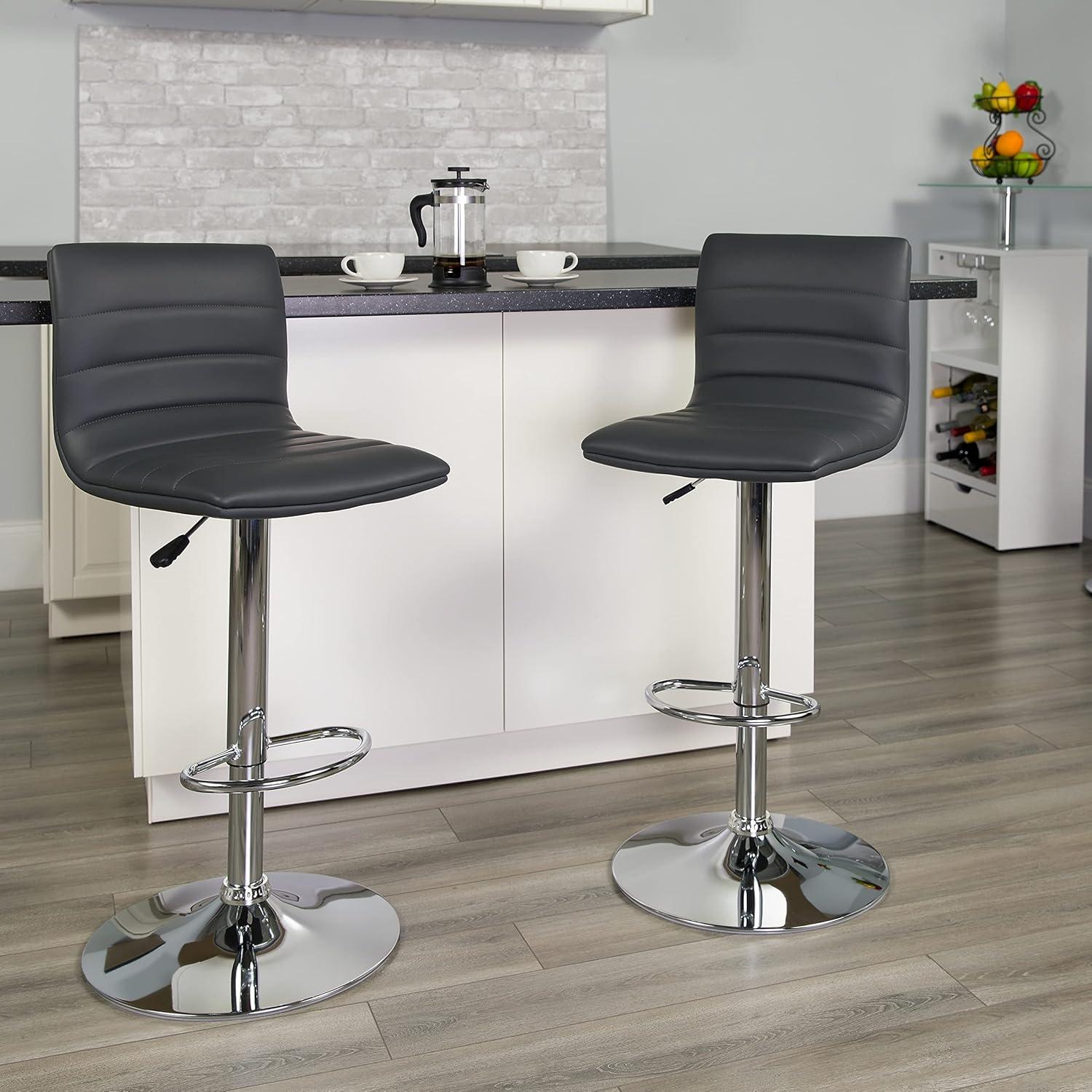 imageFlash Furniture Vincent Modern Adjustable Height Barstool with Footrest and Padded MidBack Upholstered Vinyl BarCounter Height Stool WhiteChromeGrey