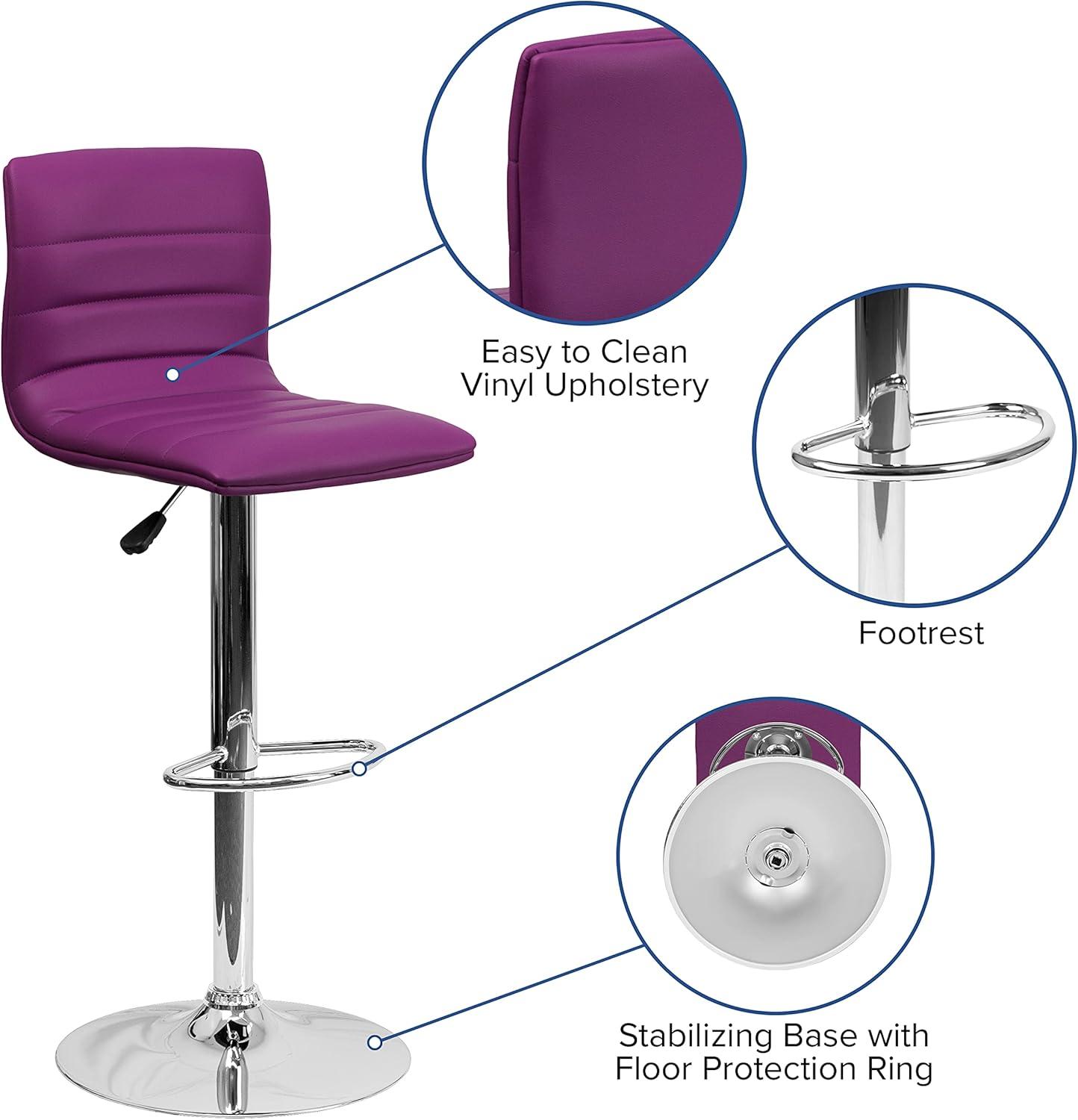 imageFlash Furniture Vincent Modern Adjustable Height Barstool with Footrest and Padded MidBack Upholstered Vinyl BarCounter Height Stool WhiteChromePurple