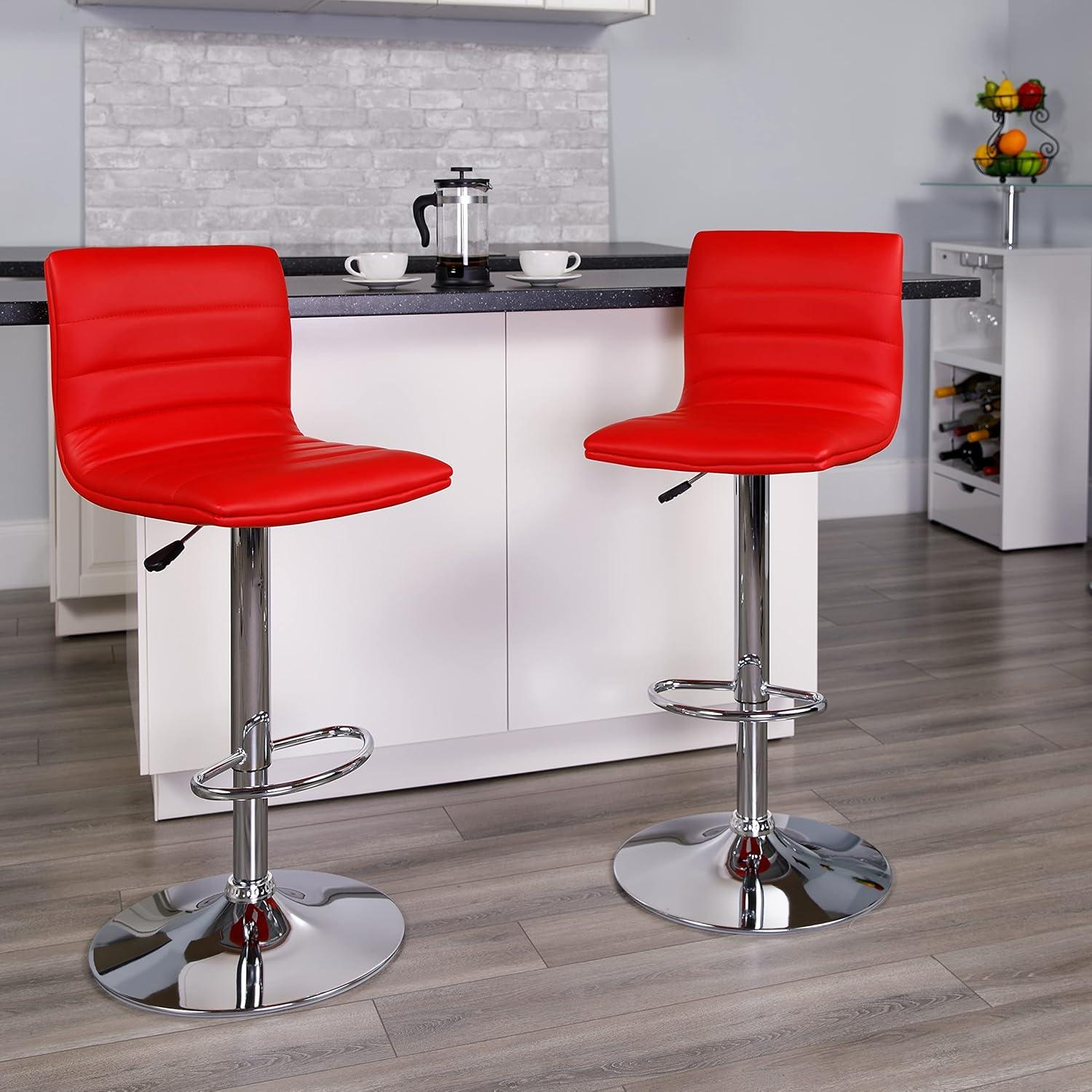 imageFlash Furniture Vincent Modern Adjustable Height Barstool with Footrest and Padded MidBack Upholstered Vinyl BarCounter Height Stool WhiteChromeRed