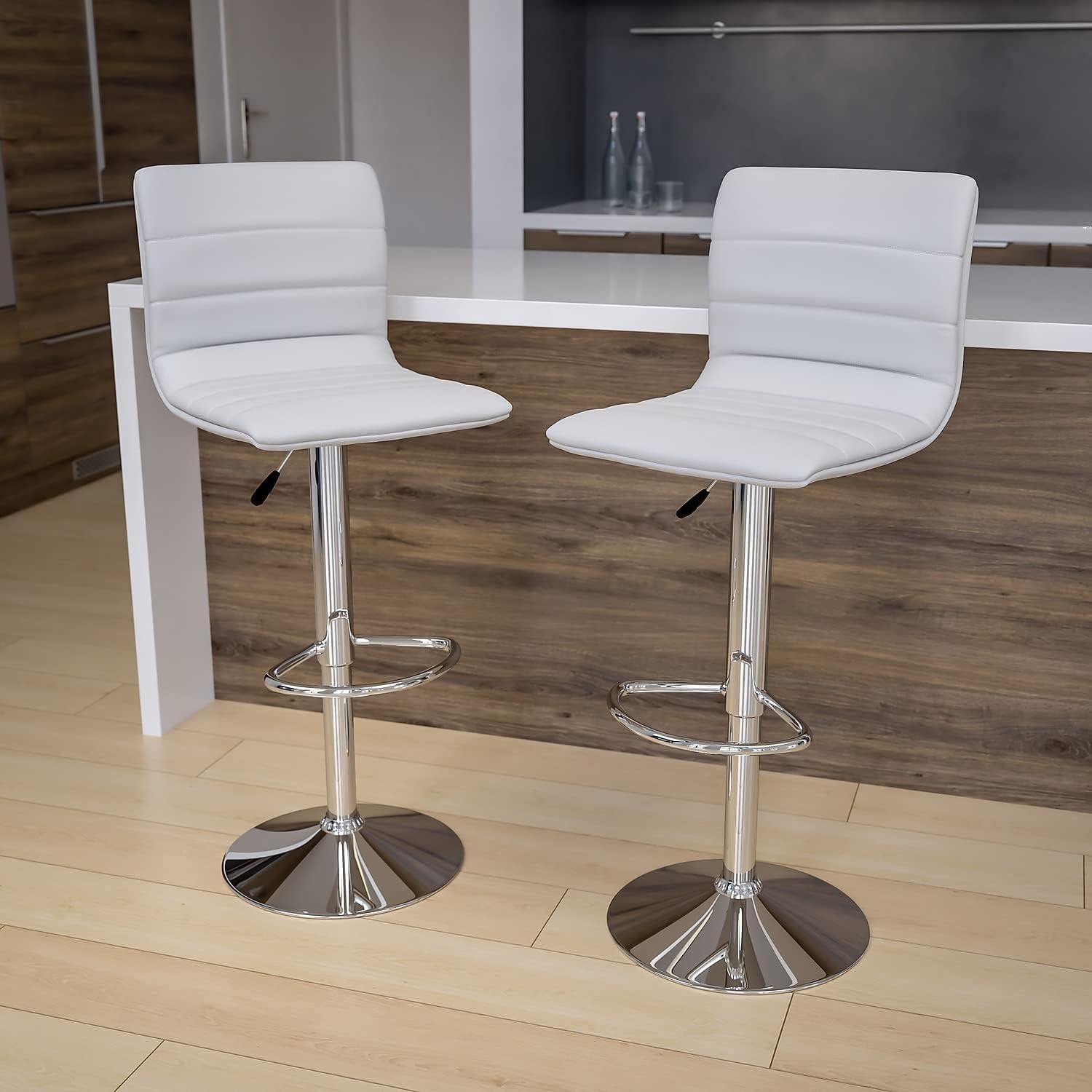imageFlash Furniture Vincent Modern Adjustable Height Barstool with Footrest and Padded MidBack Upholstered Vinyl BarCounter Height Stool WhiteChromeWhite
