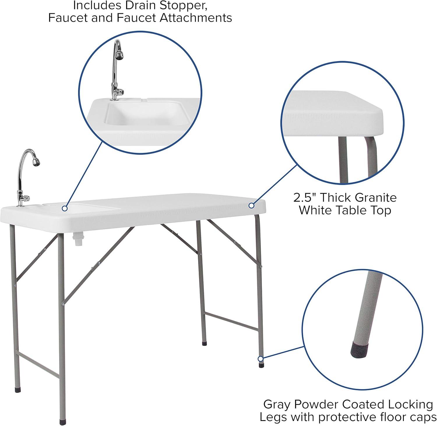 imageFlash Furniture Wesley 4 Portable Fish Cleaning Table with Sink Outdoor Portable Folding Camping Sink Table with Faucet and Hose Attachment White