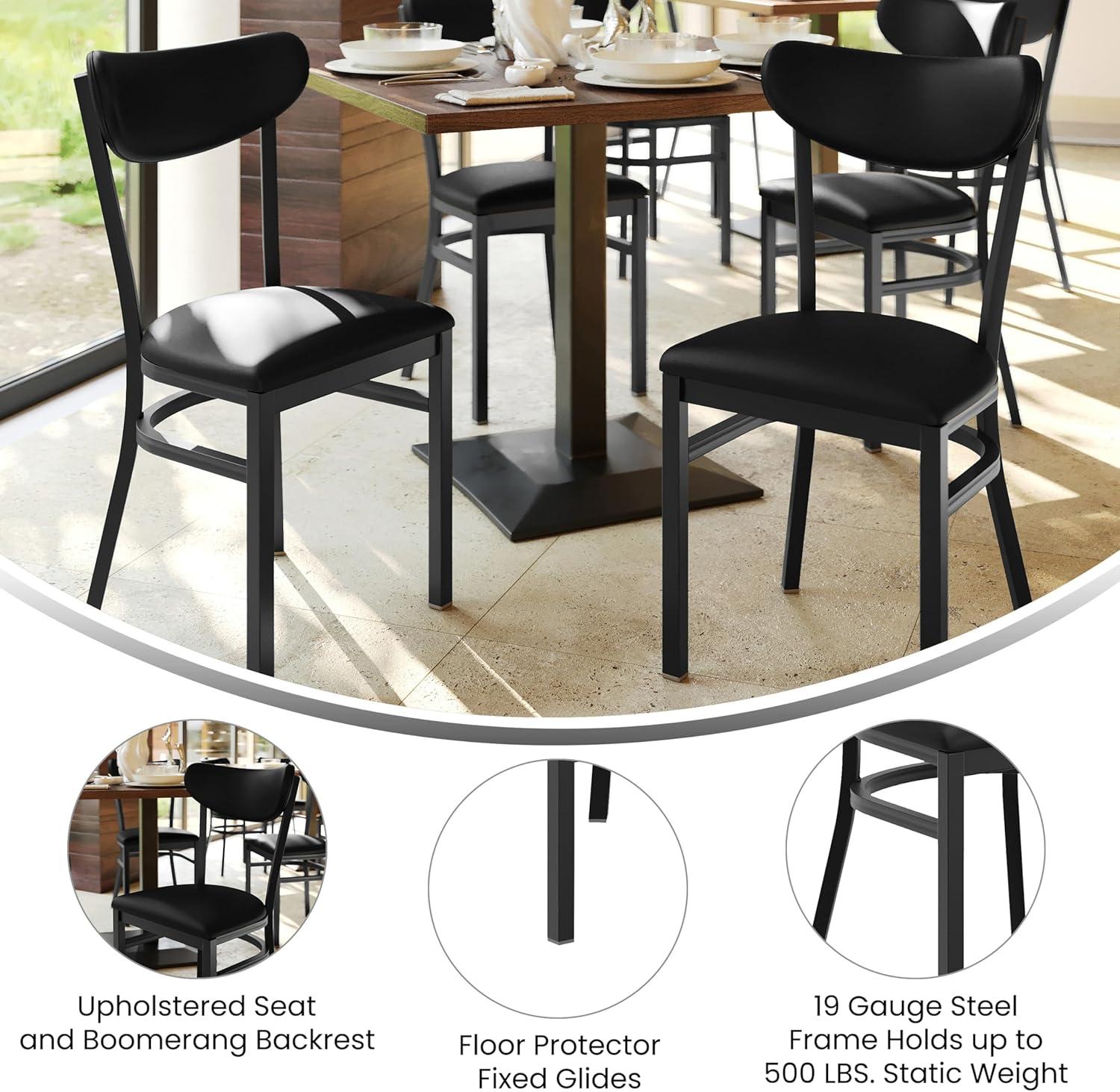 imageFlash Furniture Wright Commercial Grade Dining Chair Natural Birch Finish Solid Wood Seat and Boomerang Back 500 LB Capacity Black Steel FrameBlack Vinyl BackBlack Vinyl Seat