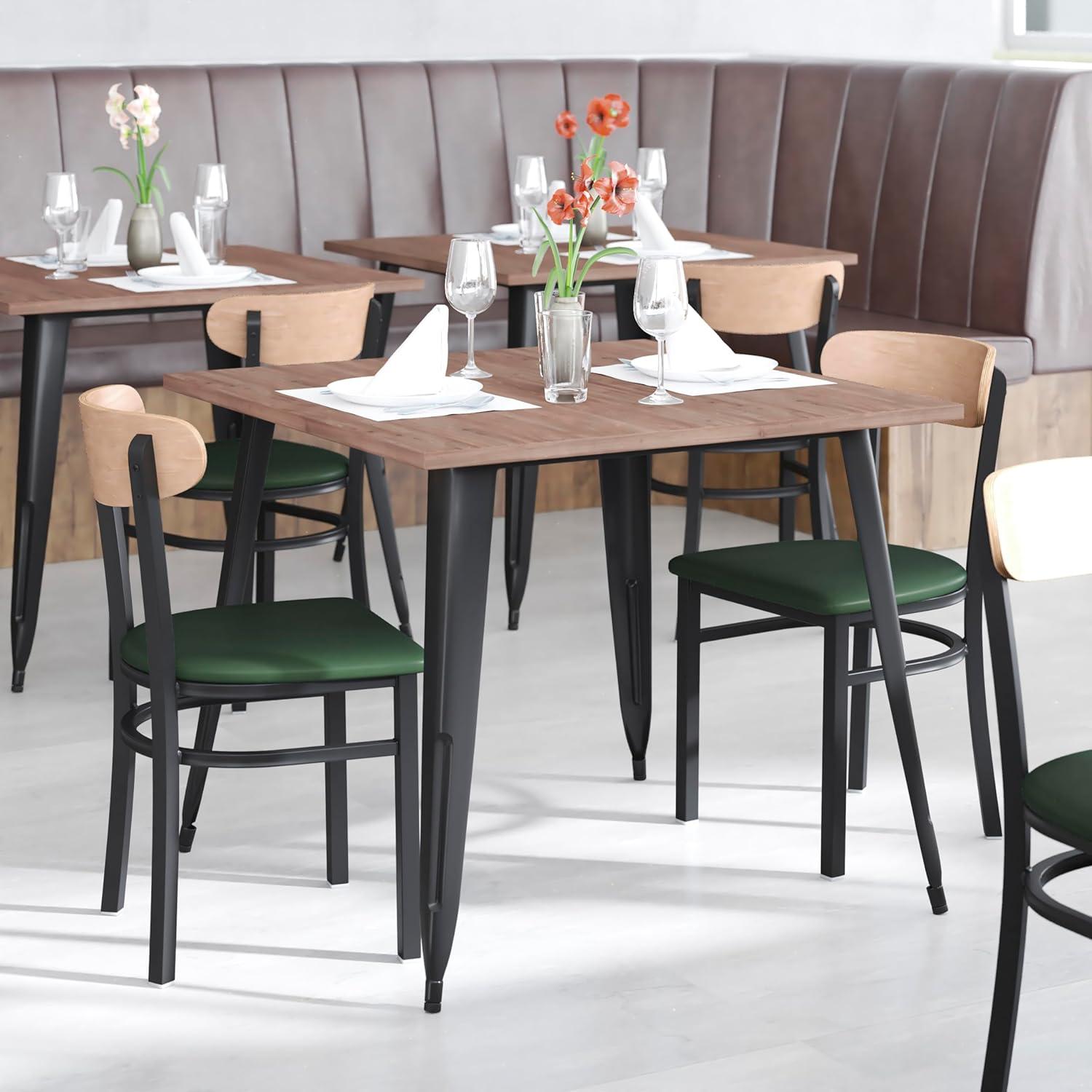 imageFlash Furniture Wright Commercial Grade Dining Chair Natural Birch Finish Solid Wood Seat and Boomerang Back 500 LB Capacity Black Steel FrameNatural Birch Wood BackGreen Vinyl Seat