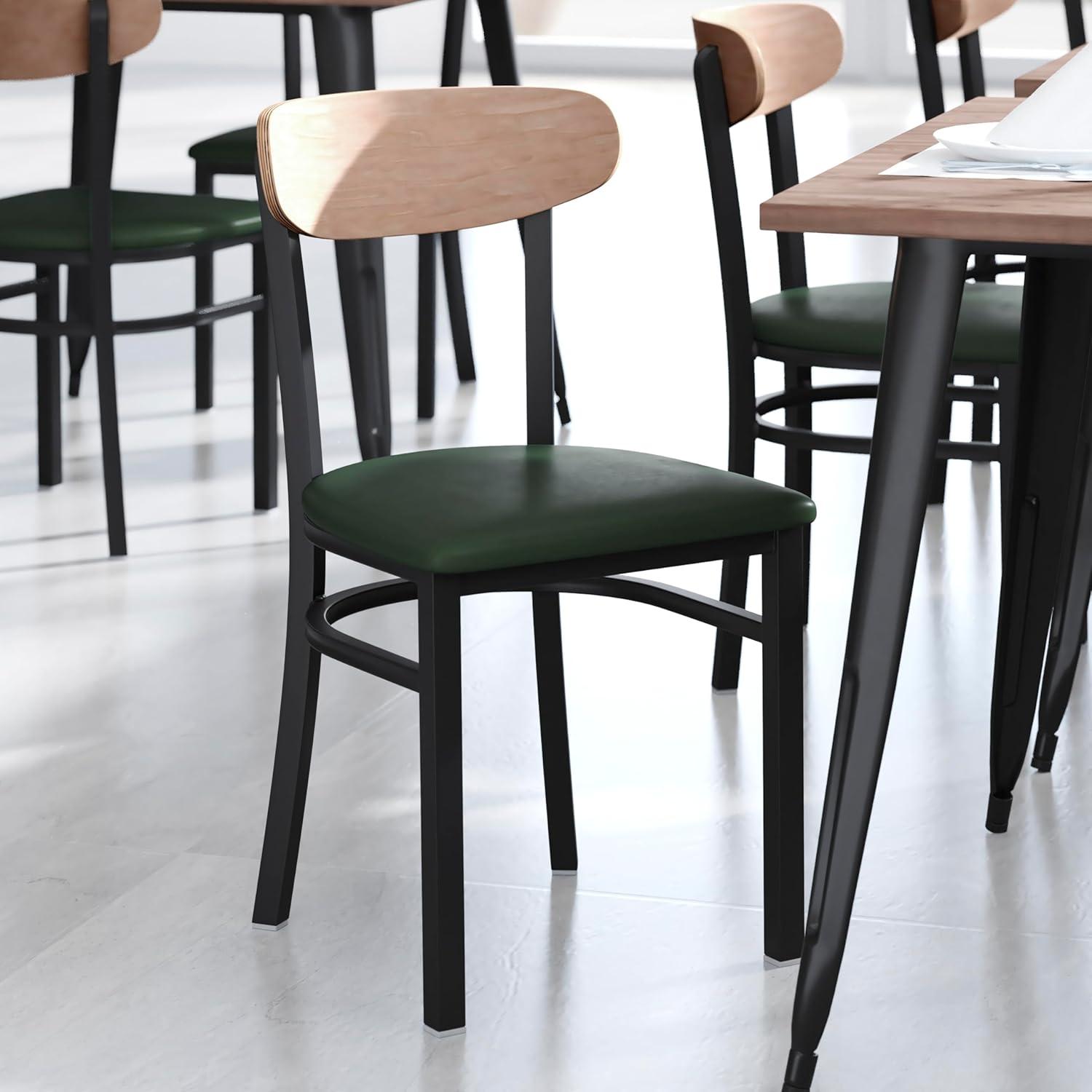 imageFlash Furniture Wright Commercial Grade Dining Chair Natural Birch Finish Solid Wood Seat and Boomerang Back 500 LB Capacity Black Steel FrameNatural Birch Wood BackGreen Vinyl Seat