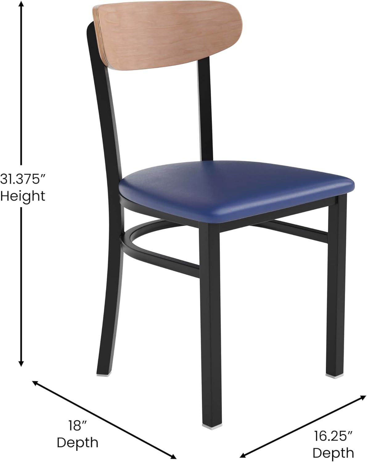 imageFlash Furniture Wright Commercial Grade Dining Chair Natural Birch Finish Solid Wood Seat and Boomerang Back 500 LB Capacity Black Steel FrameNatural Birch Wood BackBlue Vinyl Seat