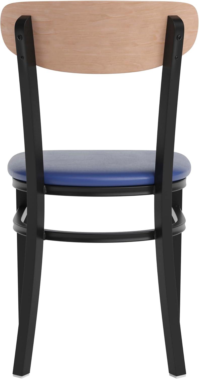 imageFlash Furniture Wright Commercial Grade Dining Chair Natural Birch Finish Solid Wood Seat and Boomerang Back 500 LB Capacity Black Steel FrameNatural Birch Wood BackBlue Vinyl Seat