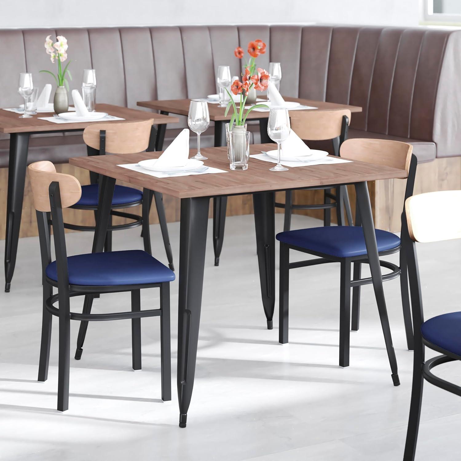 imageFlash Furniture Wright Commercial Grade Dining Chair Natural Birch Finish Solid Wood Seat and Boomerang Back 500 LB Capacity Black Steel FrameNatural Birch Wood BackBlue Vinyl Seat