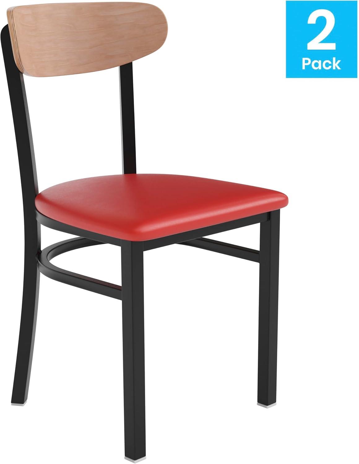 imageFlash Furniture Wright Commercial Grade Dining Chair Natural Birch Finish Solid Wood Seat and Boomerang Back 500 LB Capacity Black Steel FrameNatural Birch Wood BackRed Vinyl Seat