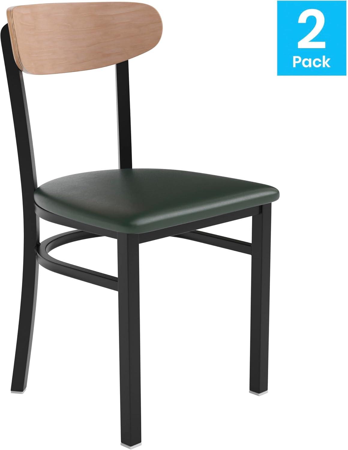 imageFlash Furniture Wright Commercial Grade Dining Chair Natural Birch Finish Solid Wood Seat and Boomerang Back 500 LB Capacity Black Steel FrameNatural Birch Wood BackGreen Vinyl Seat