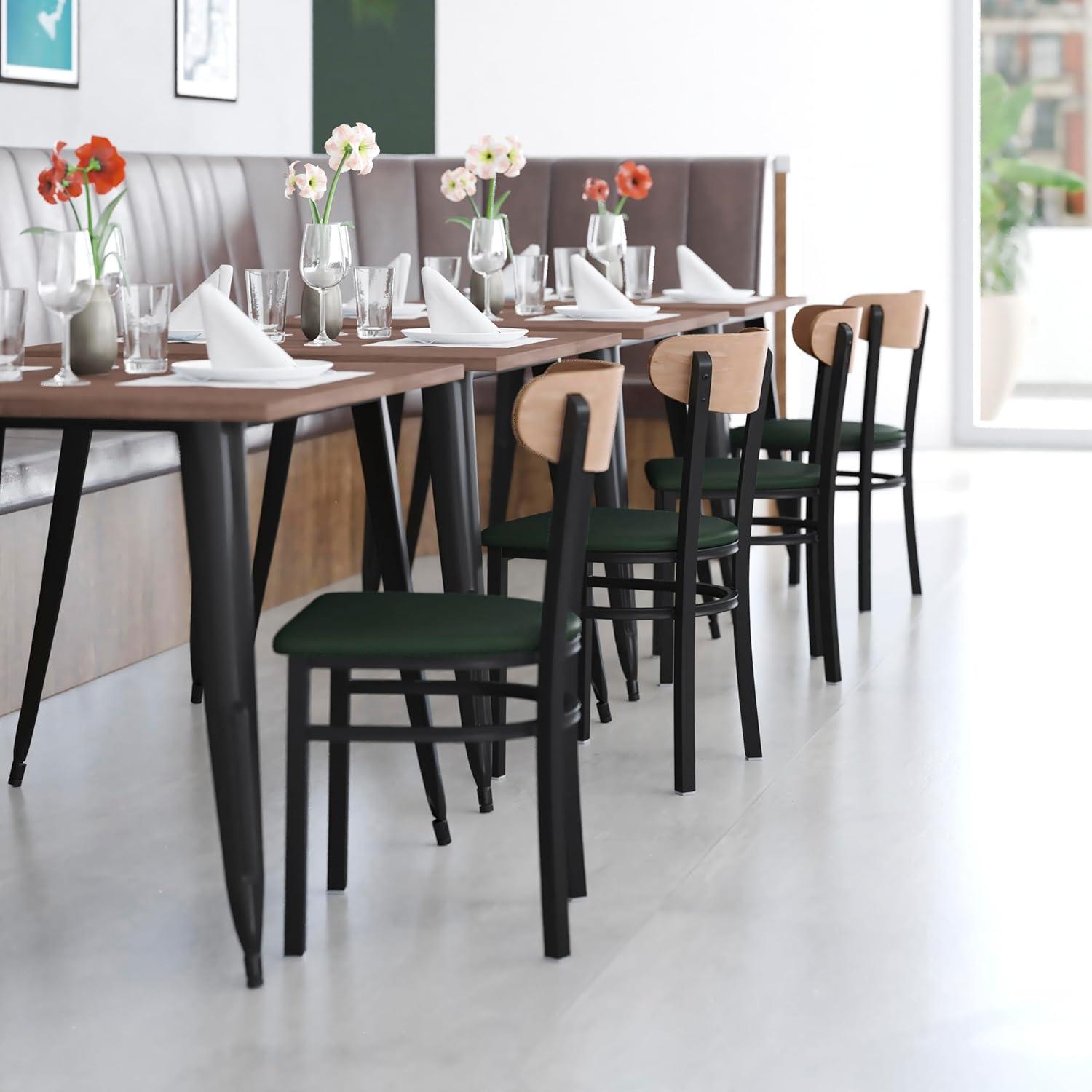 imageFlash Furniture Wright Commercial Grade Dining Chair Natural Birch Finish Solid Wood Seat and Boomerang Back 500 LB Capacity Black Steel FrameNatural Birch Wood BackGreen Vinyl Seat