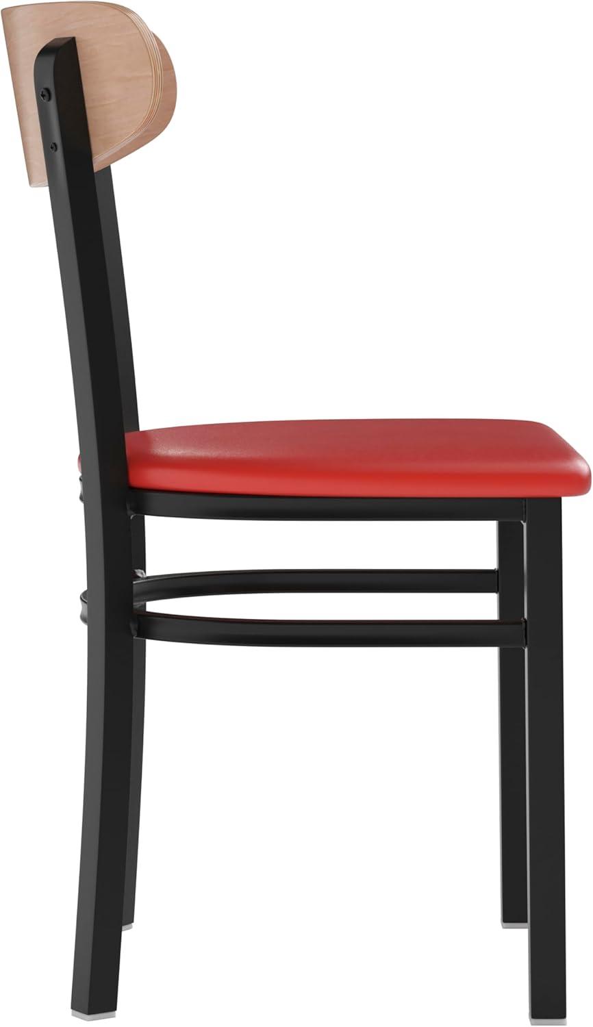 imageFlash Furniture Wright Commercial Grade Dining Chair Natural Birch Finish Solid Wood Seat and Boomerang Back 500 LB Capacity Black Steel FrameNatural Birch Wood BackRed Vinyl Seat