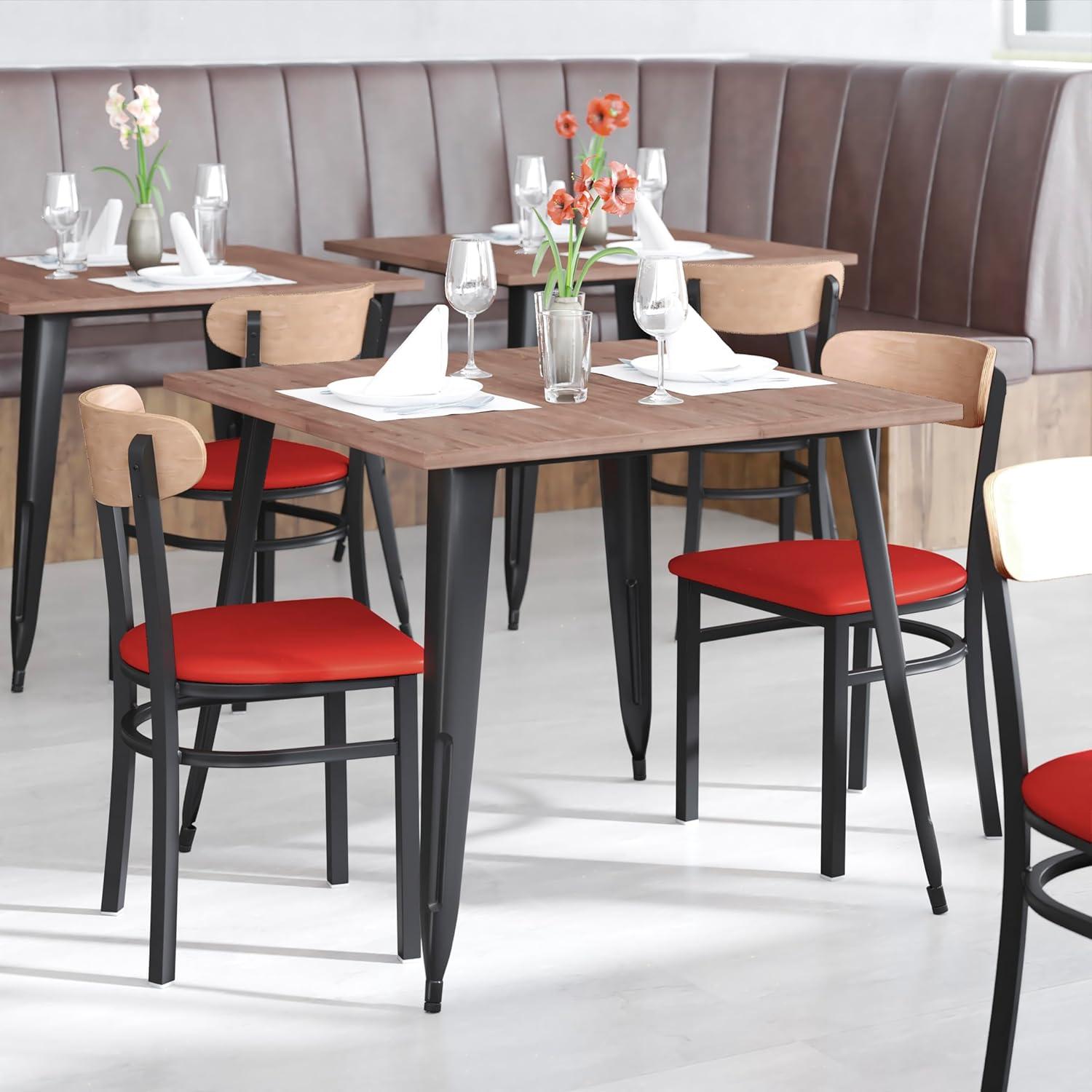 imageFlash Furniture Wright Commercial Grade Dining Chair Natural Birch Finish Solid Wood Seat and Boomerang Back 500 LB Capacity Black Steel FrameNatural Birch Wood BackRed Vinyl Seat