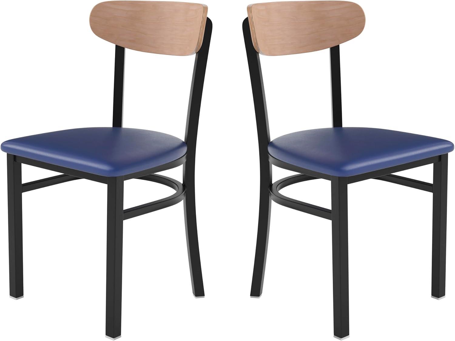 imageFlash Furniture Wright Commercial Grade Dining Chair Natural Birch Finish Solid Wood Seat and Boomerang Back 500 LB Capacity Black Steel FrameNatural Birch Wood BackBlue Vinyl Seat