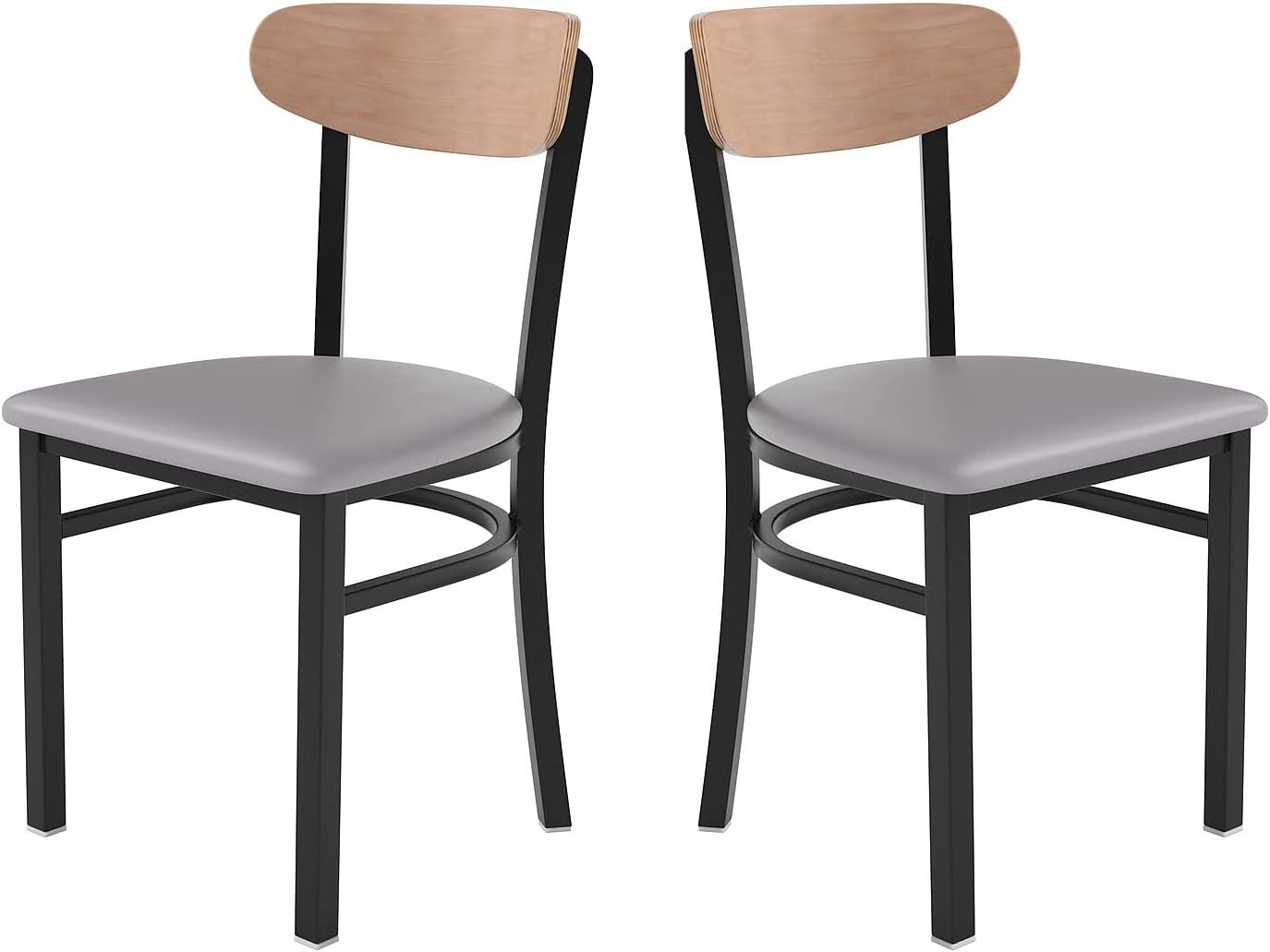 imageFlash Furniture Wright Commercial Grade Dining Chair Natural Birch Finish Solid Wood Seat and Boomerang Back 500 LB Capacity Black Steel FrameNatural Birch Wood BackGray Vinyl Seat