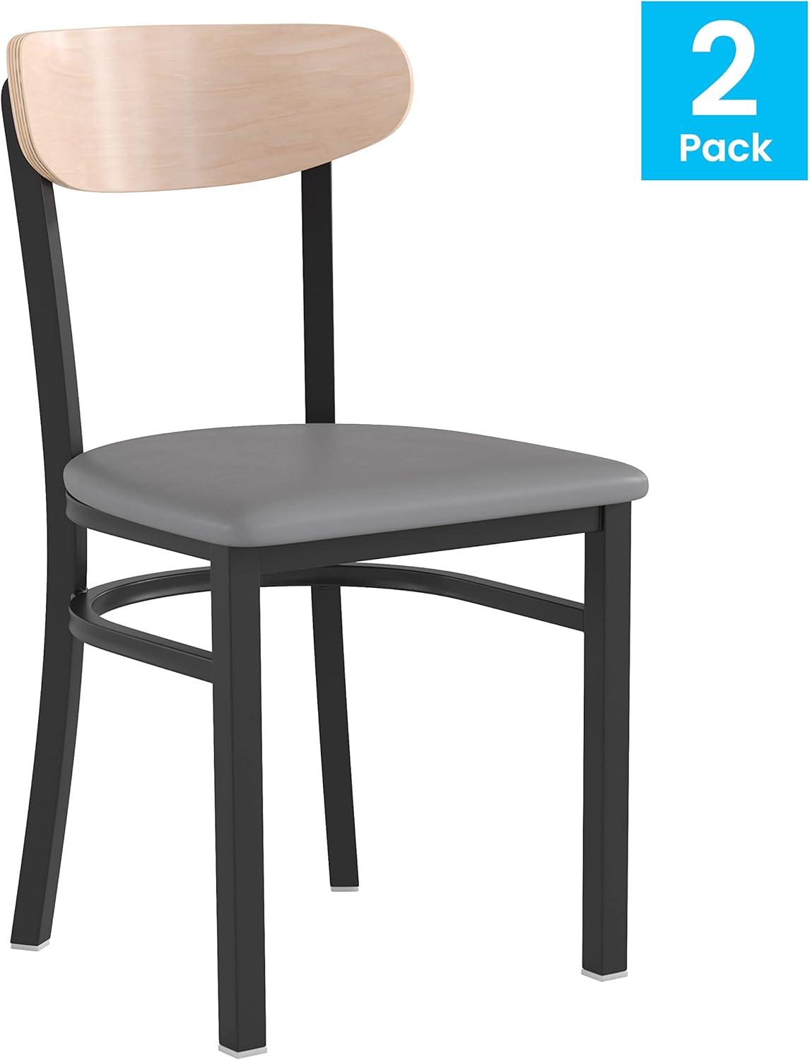 imageFlash Furniture Wright Commercial Grade Dining Chair Natural Birch Finish Solid Wood Seat and Boomerang Back 500 LB Capacity Black Steel FrameNatural Birch Wood BackGray Vinyl Seat