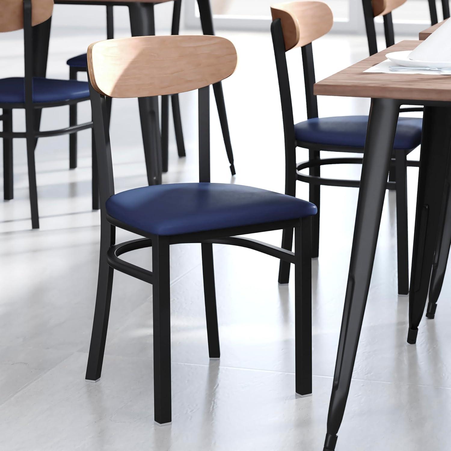 imageFlash Furniture Wright Commercial Grade Dining Chair Natural Birch Finish Solid Wood Seat and Boomerang Back 500 LB Capacity Black Steel FrameNatural Birch Wood BackBlue Vinyl Seat