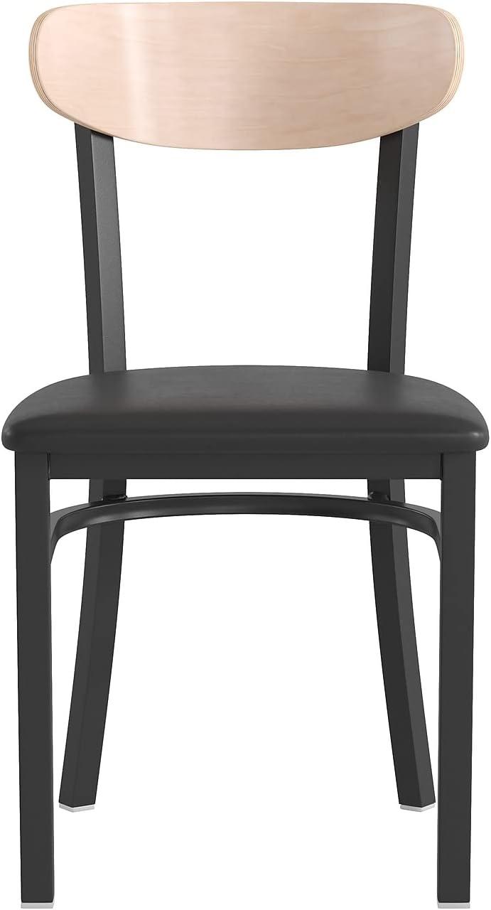 imageFlash Furniture Wright Commercial Grade Dining Chair Natural Birch Finish Solid Wood Seat and Boomerang Back 500 LB Capacity Black Steel FrameNatural Birch Wood BackBlack Vinyl Seat
