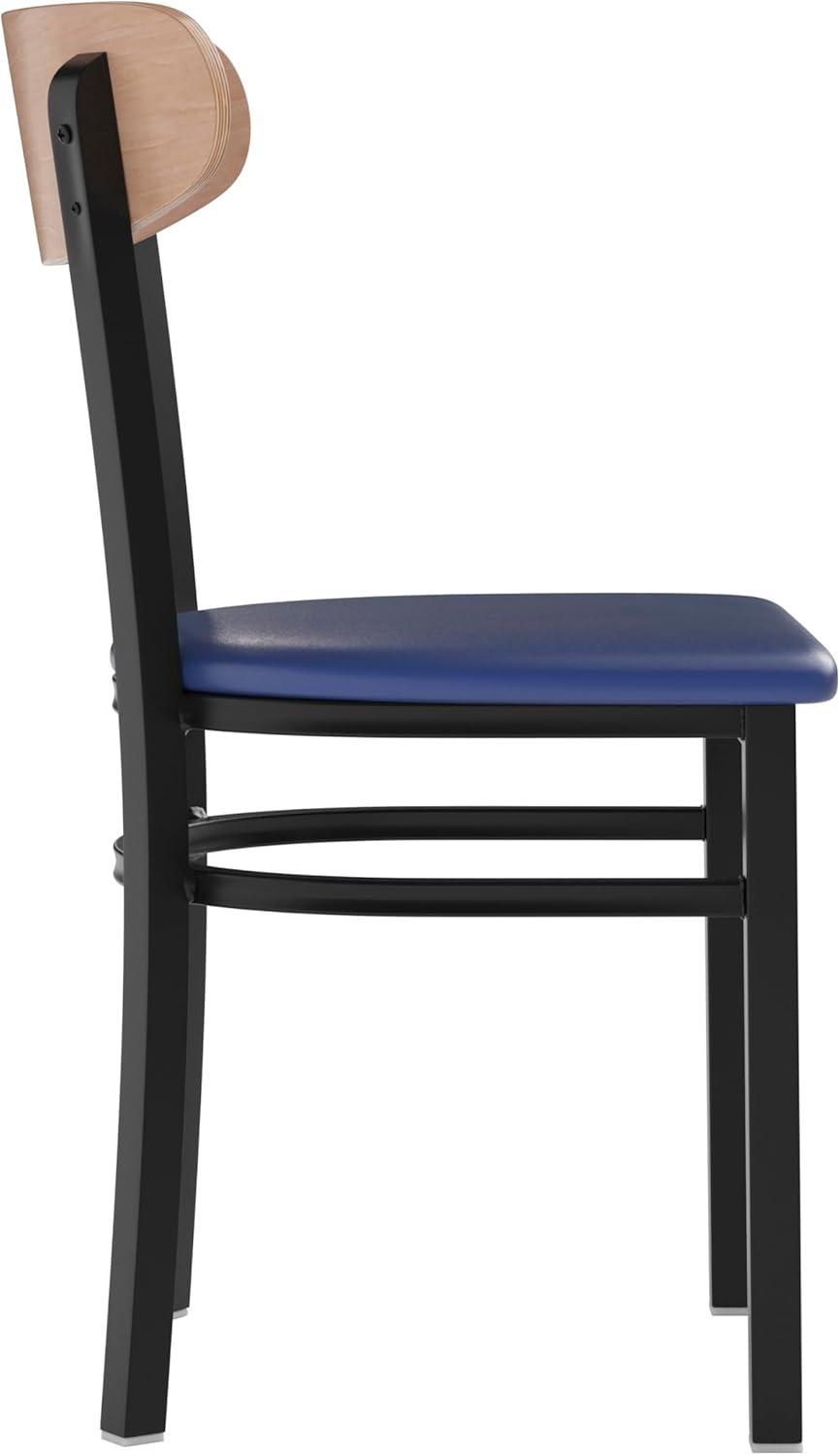 imageFlash Furniture Wright Commercial Grade Dining Chair Natural Birch Finish Solid Wood Seat and Boomerang Back 500 LB Capacity Black Steel FrameNatural Birch Wood BackBlue Vinyl Seat