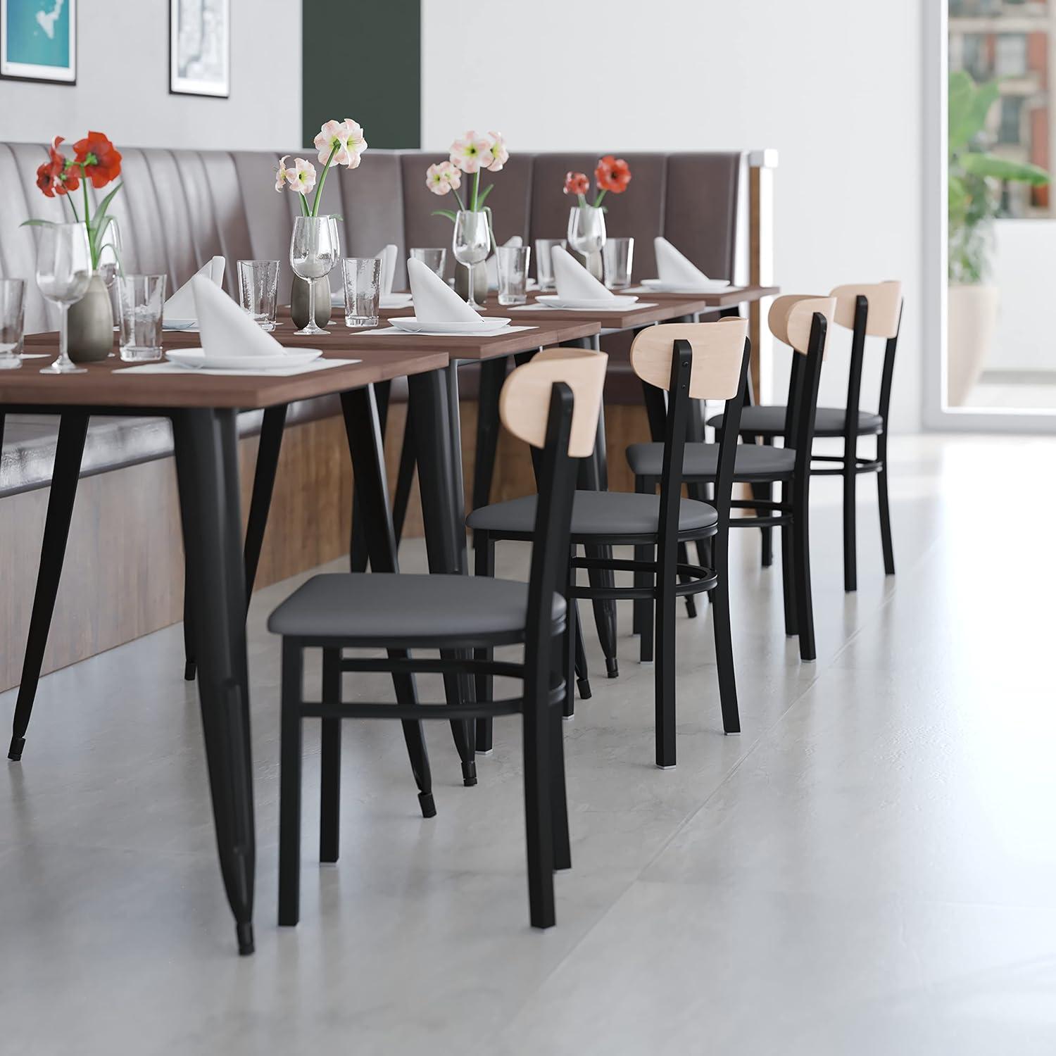 imageFlash Furniture Wright Commercial Grade Dining Chair Natural Birch Finish Solid Wood Seat and Boomerang Back 500 LB Capacity Black Steel FrameNatural Birch Wood BackGray Vinyl Seat