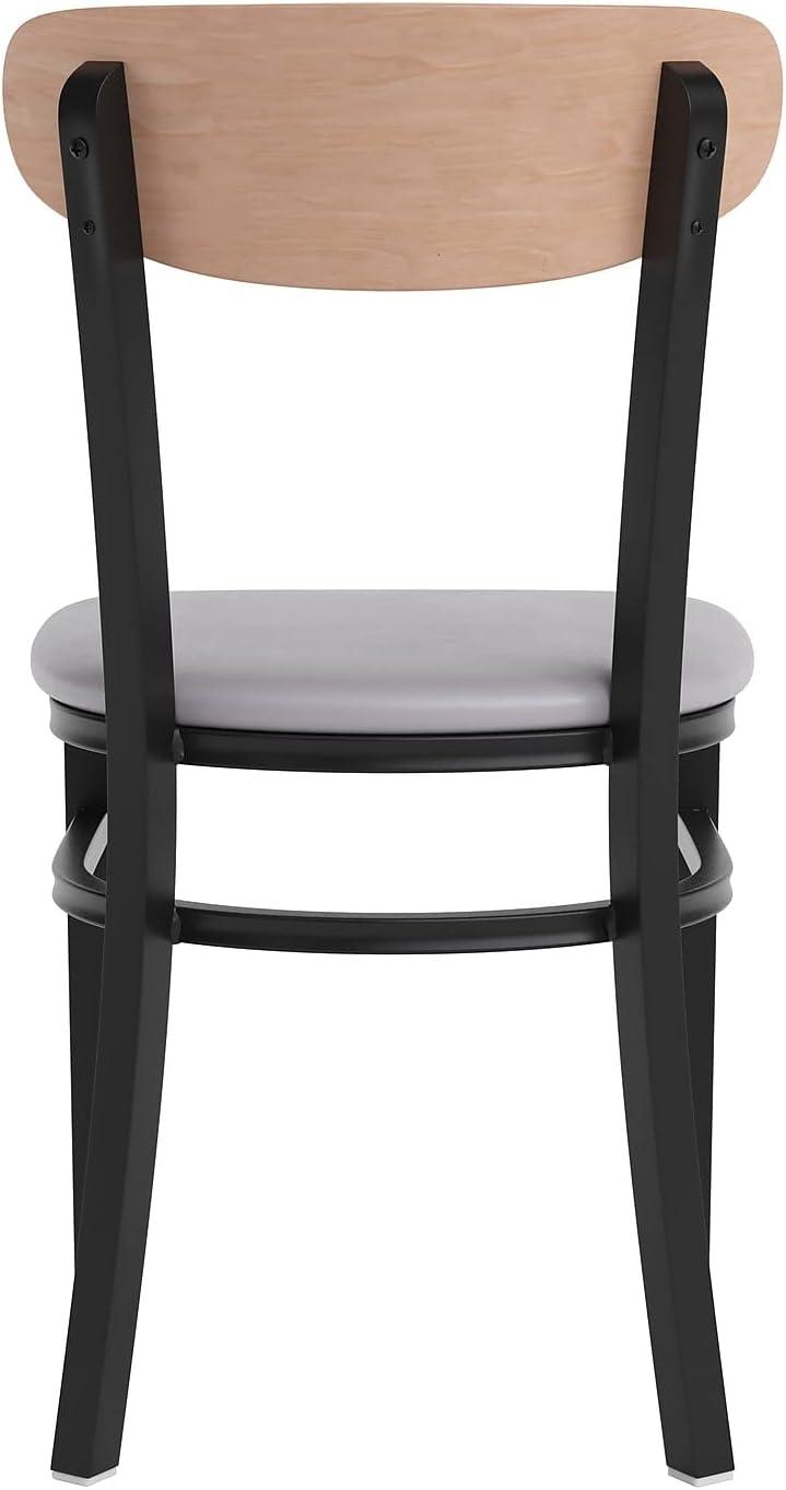 imageFlash Furniture Wright Commercial Grade Dining Chair Natural Birch Finish Solid Wood Seat and Boomerang Back 500 LB Capacity Black Steel FrameNatural Birch Wood BackGray Vinyl Seat