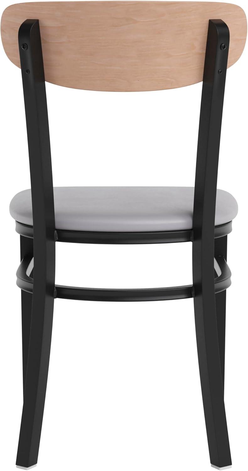 imageFlash Furniture Wright Commercial Grade Dining Chair Natural Birch Finish Solid Wood Seat and Boomerang Back 500 LB Capacity Black Steel FrameNatural Birch Wood BackGray Vinyl Seat