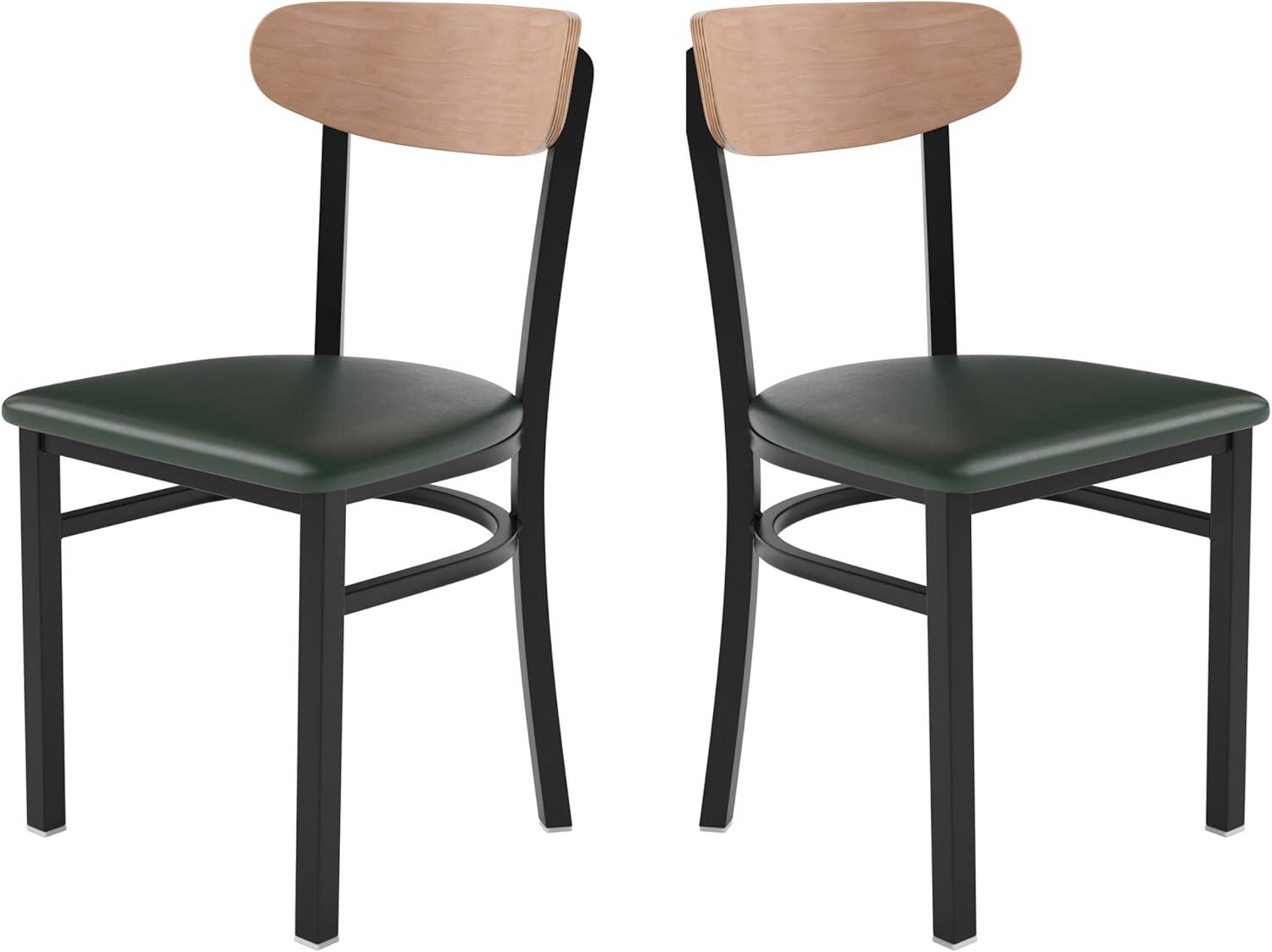 imageFlash Furniture Wright Commercial Grade Dining Chair Natural Birch Finish Solid Wood Seat and Boomerang Back 500 LB Capacity Black Steel FrameNatural Birch Wood BackGreen Vinyl Seat