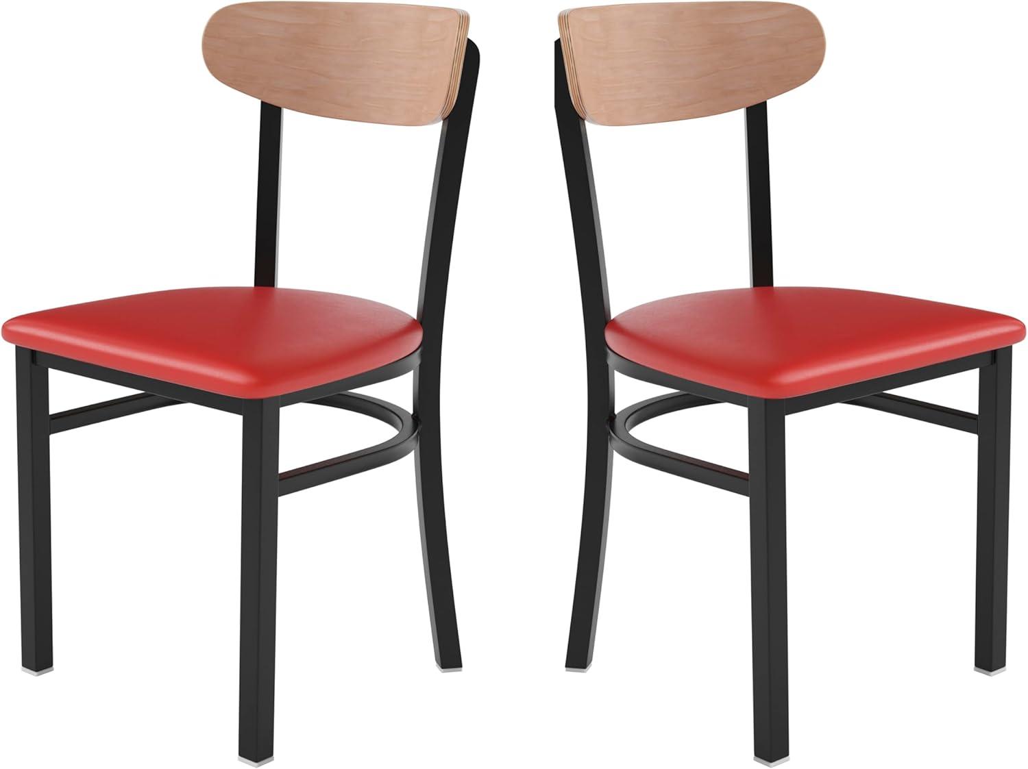imageFlash Furniture Wright Commercial Grade Dining Chair Natural Birch Finish Solid Wood Seat and Boomerang Back 500 LB Capacity Black Steel FrameNatural Birch Wood BackRed Vinyl Seat