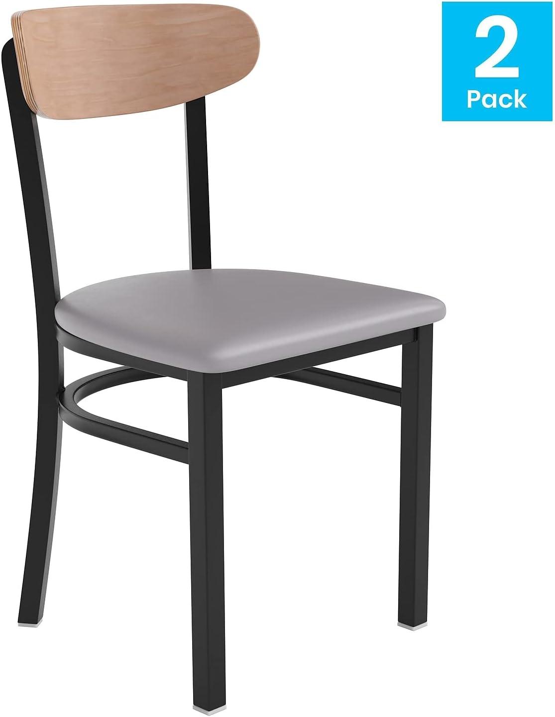 imageFlash Furniture Wright Commercial Grade Dining Chair Natural Birch Finish Solid Wood Seat and Boomerang Back 500 LB Capacity Black Steel FrameNatural Birch Wood BackGray Vinyl Seat