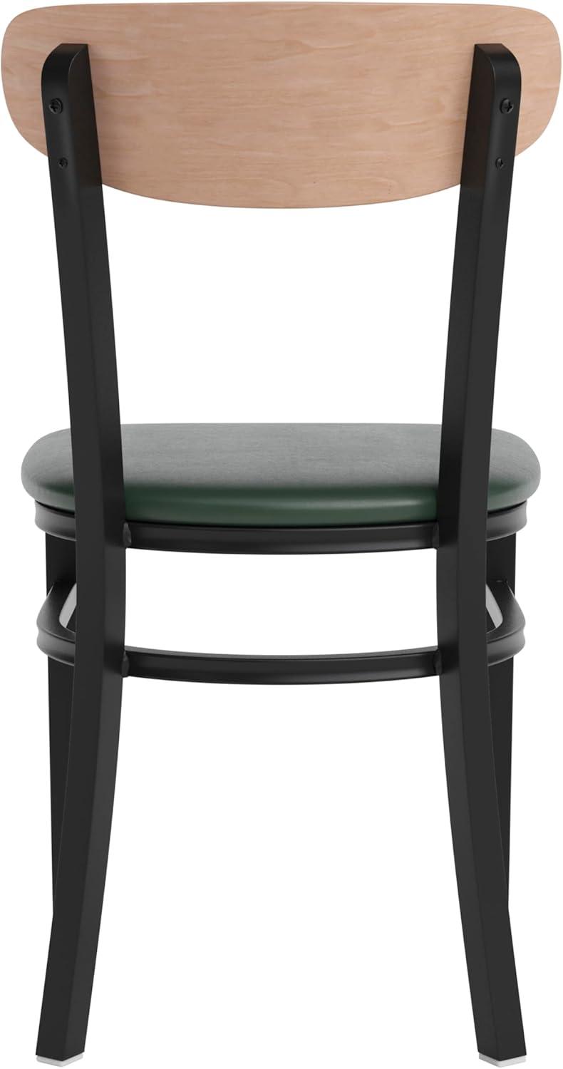imageFlash Furniture Wright Commercial Grade Dining Chair Natural Birch Finish Solid Wood Seat and Boomerang Back 500 LB Capacity Black Steel FrameNatural Birch Wood BackGreen Vinyl Seat