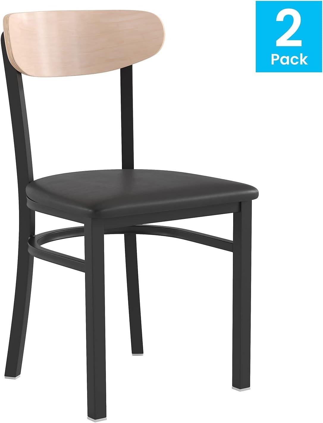 imageFlash Furniture Wright Commercial Grade Dining Chair Natural Birch Finish Solid Wood Seat and Boomerang Back 500 LB Capacity Black Steel FrameNatural Birch Wood BackBlack Vinyl Seat
