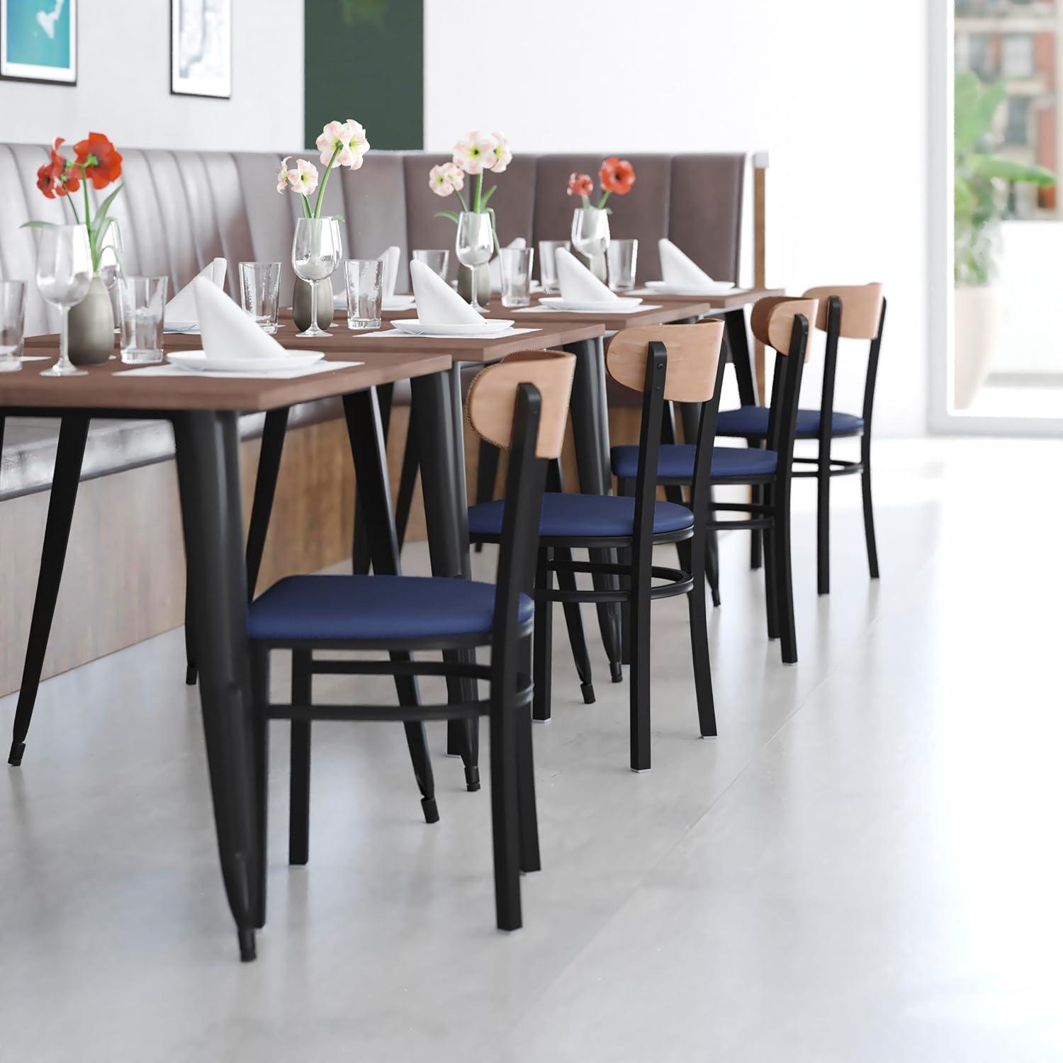 imageFlash Furniture Wright Commercial Grade Dining Chair Natural Birch Finish Solid Wood Seat and Boomerang Back 500 LB Capacity Black Steel FrameNatural Birch Wood BackBlue Vinyl Seat