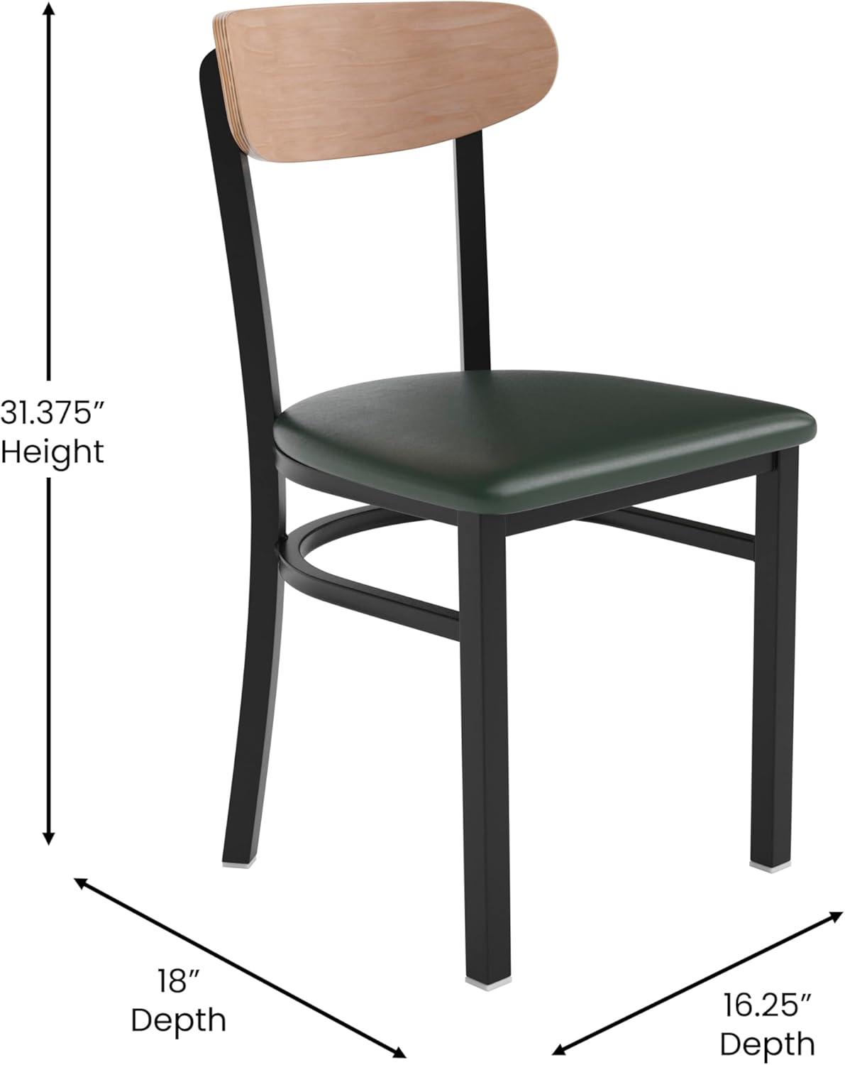 imageFlash Furniture Wright Commercial Grade Dining Chair Natural Birch Finish Solid Wood Seat and Boomerang Back 500 LB Capacity Black Steel FrameNatural Birch Wood BackGreen Vinyl Seat