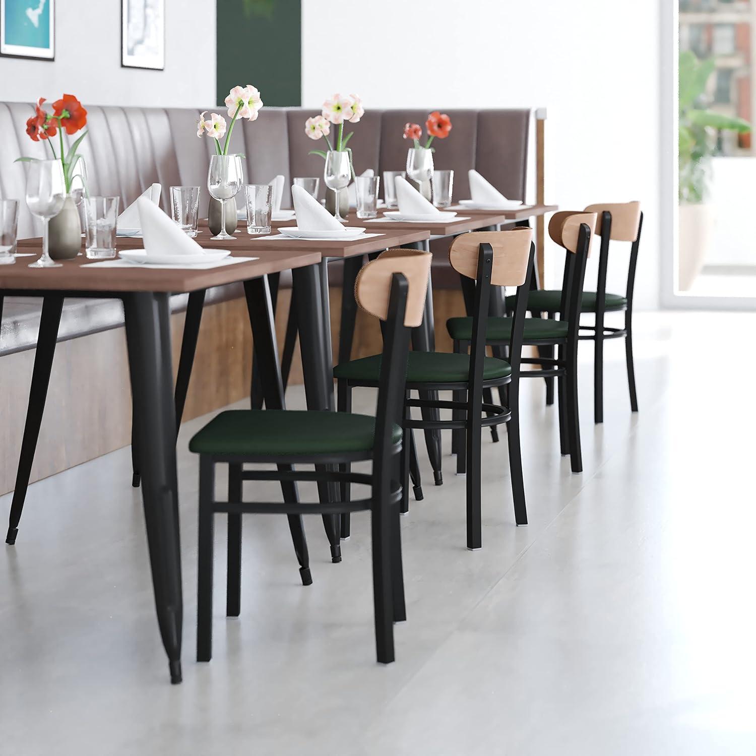imageFlash Furniture Wright Commercial Grade Dining Chair Natural Birch Finish Solid Wood Seat and Boomerang Back 500 LB Capacity Black Steel FrameNatural Birch Wood BackGreen Vinyl Seat