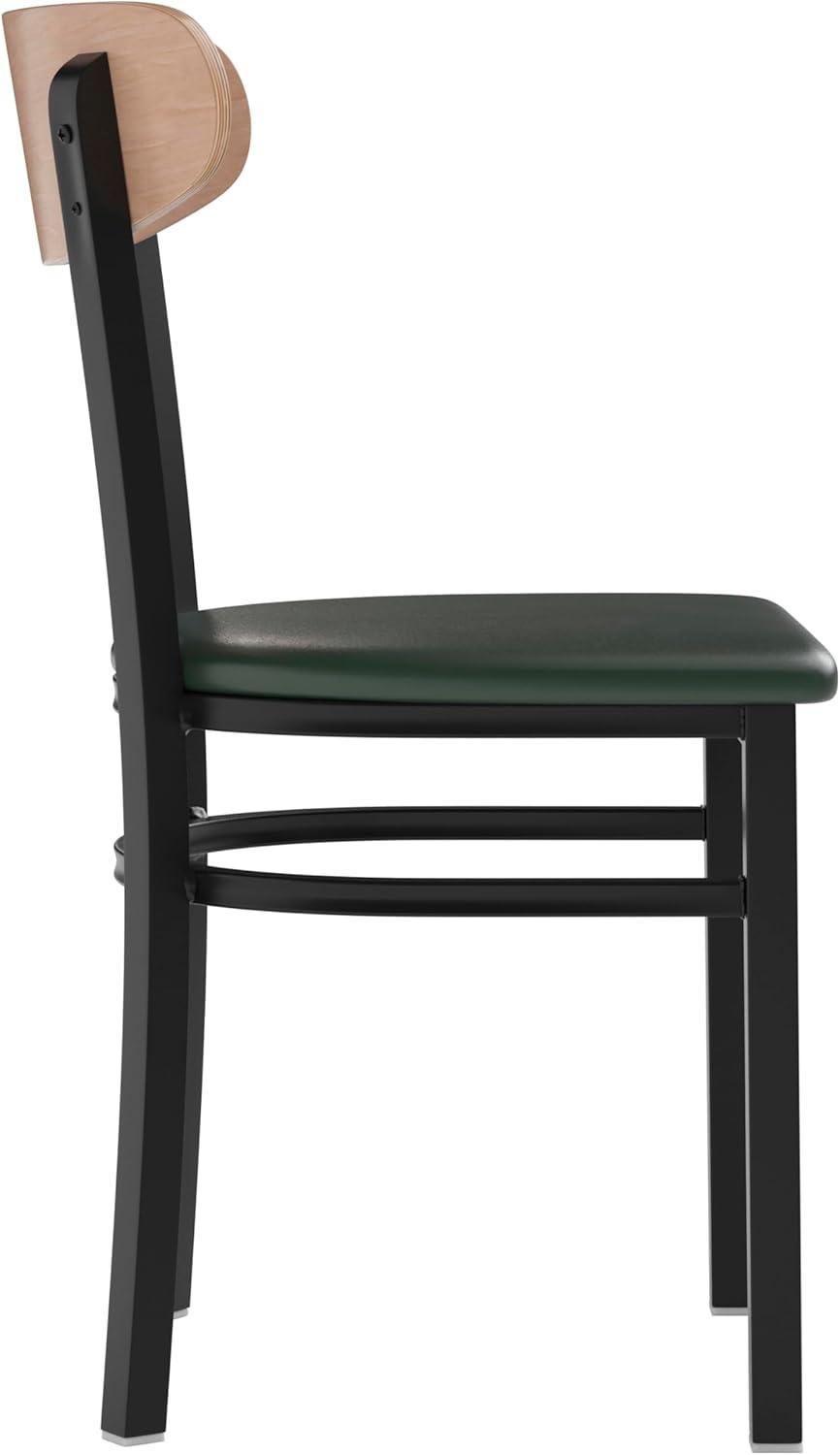 imageFlash Furniture Wright Commercial Grade Dining Chair Natural Birch Finish Solid Wood Seat and Boomerang Back 500 LB Capacity Black Steel FrameNatural Birch Wood BackGreen Vinyl Seat