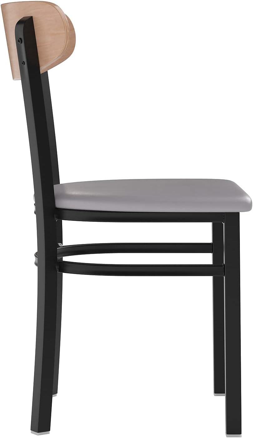imageFlash Furniture Wright Commercial Grade Dining Chair Natural Birch Finish Solid Wood Seat and Boomerang Back 500 LB Capacity Black Steel FrameNatural Birch Wood BackGray Vinyl Seat