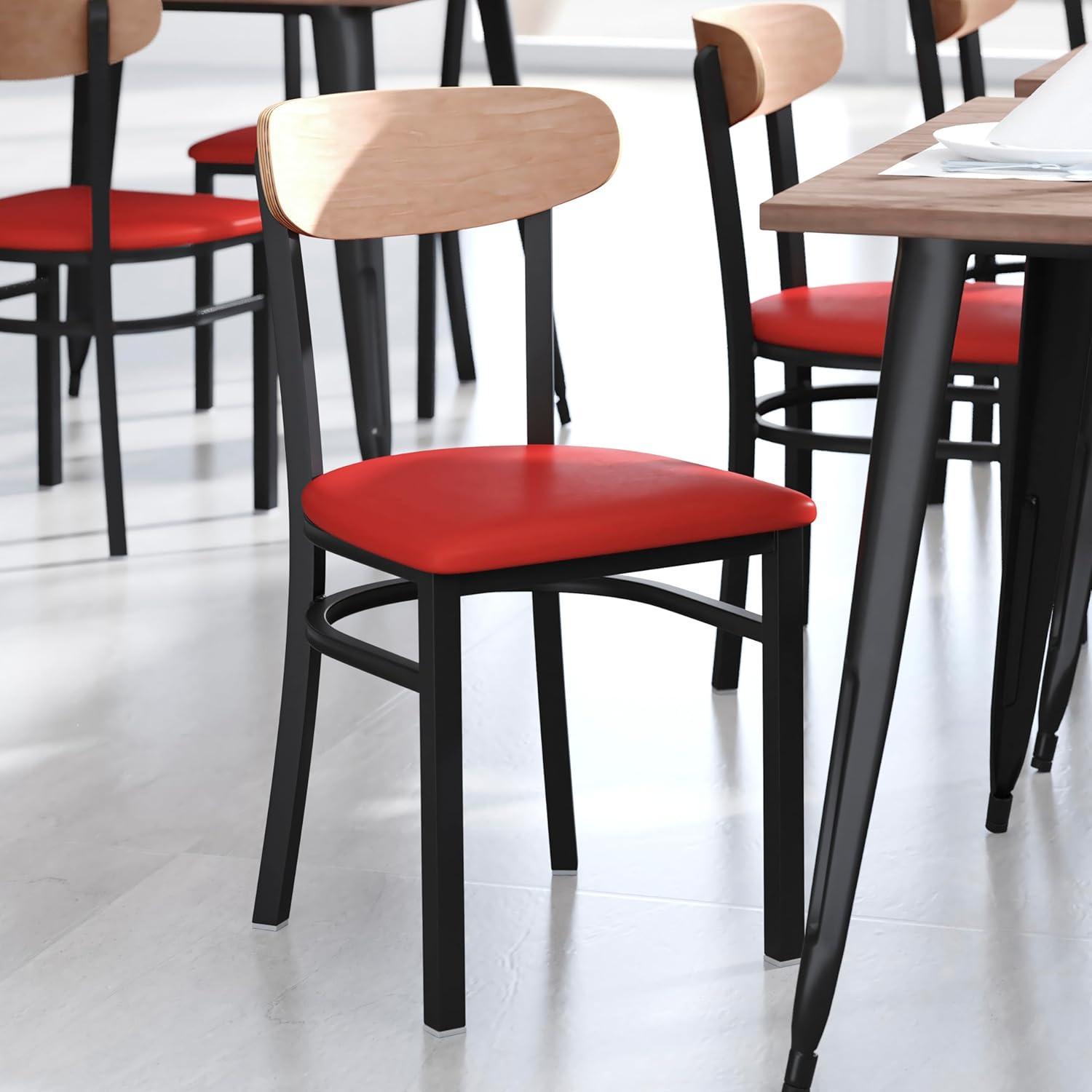 imageFlash Furniture Wright Commercial Grade Dining Chair Natural Birch Finish Solid Wood Seat and Boomerang Back 500 LB Capacity Black Steel FrameNatural Birch Wood BackRed Vinyl Seat