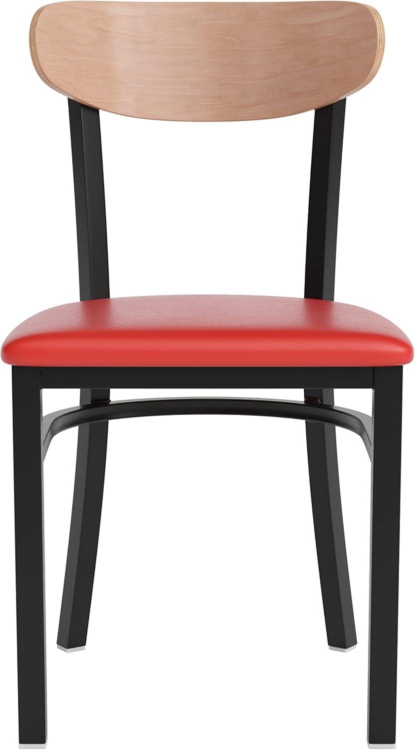 imageFlash Furniture Wright Commercial Grade Dining Chair Natural Birch Finish Solid Wood Seat and Boomerang Back 500 LB Capacity Black Steel FrameNatural Birch Wood BackRed Vinyl Seat