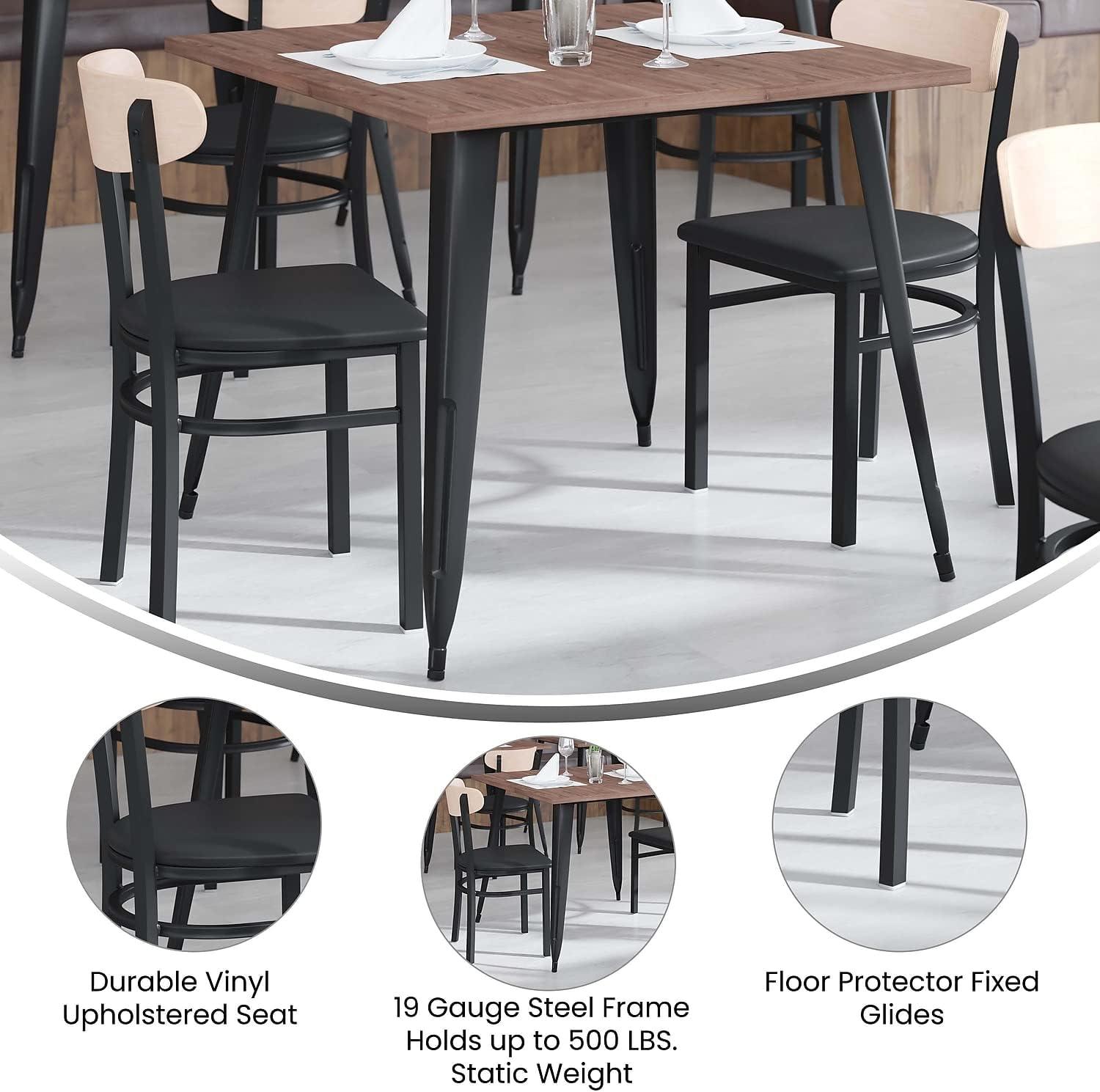 imageFlash Furniture Wright Commercial Grade Dining Chair Natural Birch Finish Solid Wood Seat and Boomerang Back 500 LB Capacity Black Steel FrameNatural Birch Wood BackBlack Vinyl Seat