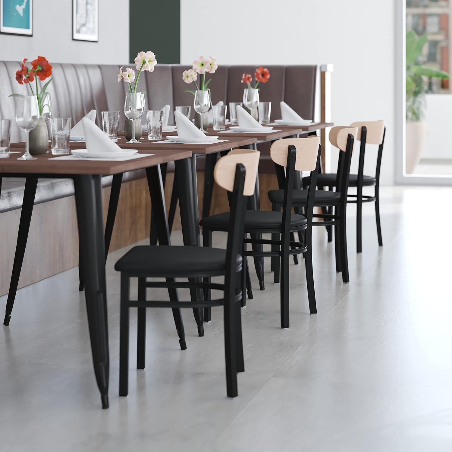 imageFlash Furniture Wright Commercial Grade Dining Chair Natural Birch Finish Solid Wood Seat and Boomerang Back 500 LB Capacity Black Steel FrameNatural Birch Wood BackBlack Vinyl Seat