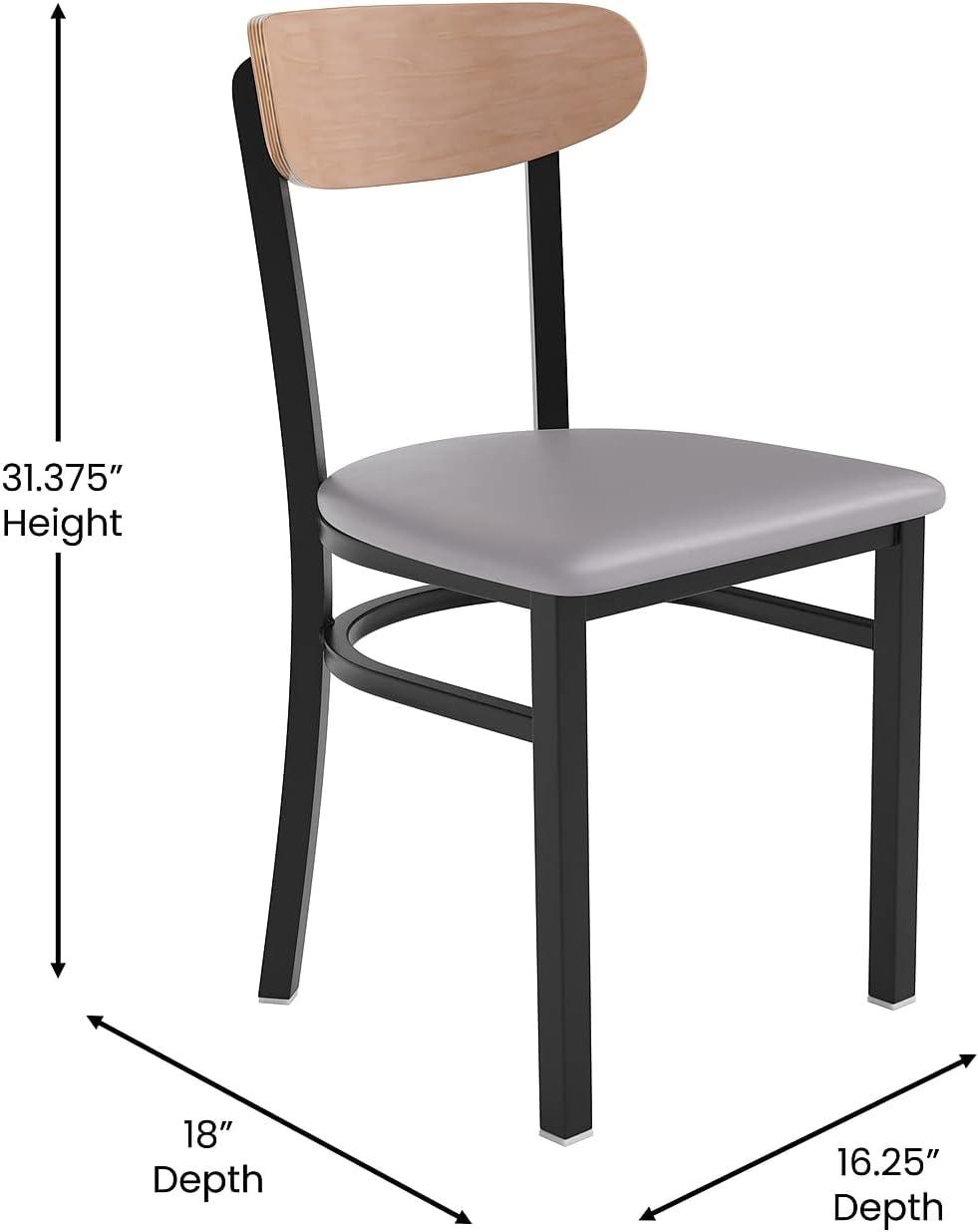 imageFlash Furniture Wright Commercial Grade Dining Chair Natural Birch Finish Solid Wood Seat and Boomerang Back 500 LB Capacity Black Steel FrameNatural Birch Wood BackGray Vinyl Seat