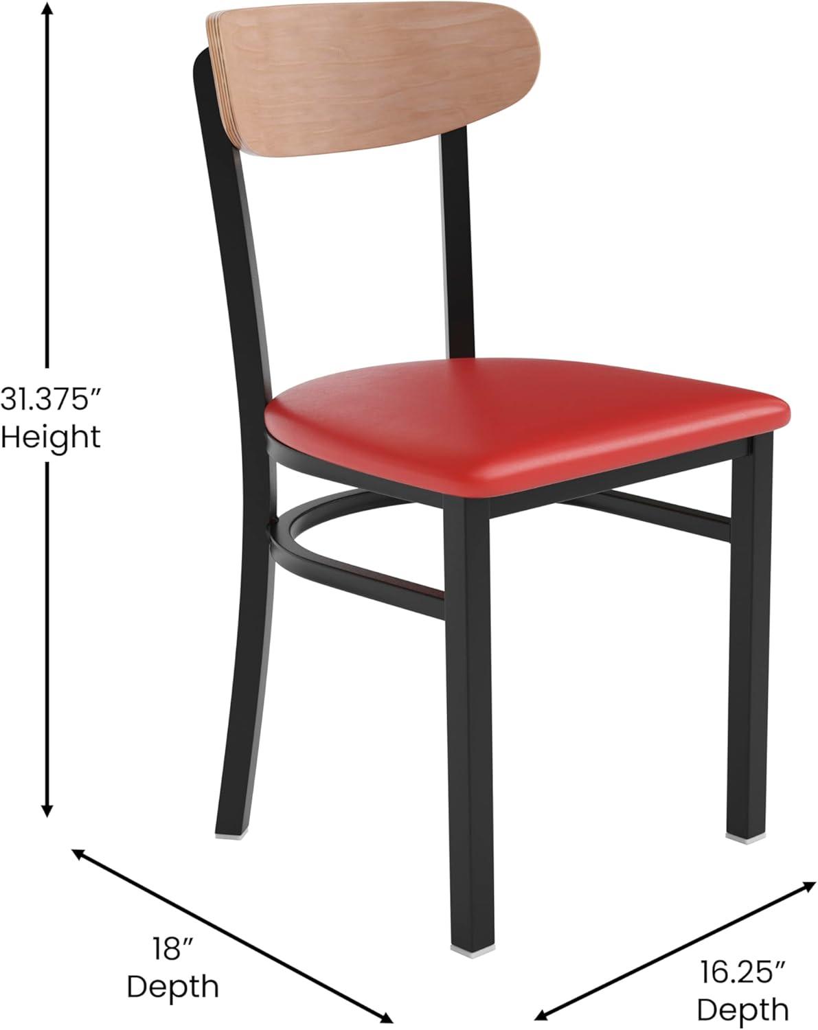 imageFlash Furniture Wright Commercial Grade Dining Chair Natural Birch Finish Solid Wood Seat and Boomerang Back 500 LB Capacity Black Steel FrameNatural Birch Wood BackRed Vinyl Seat