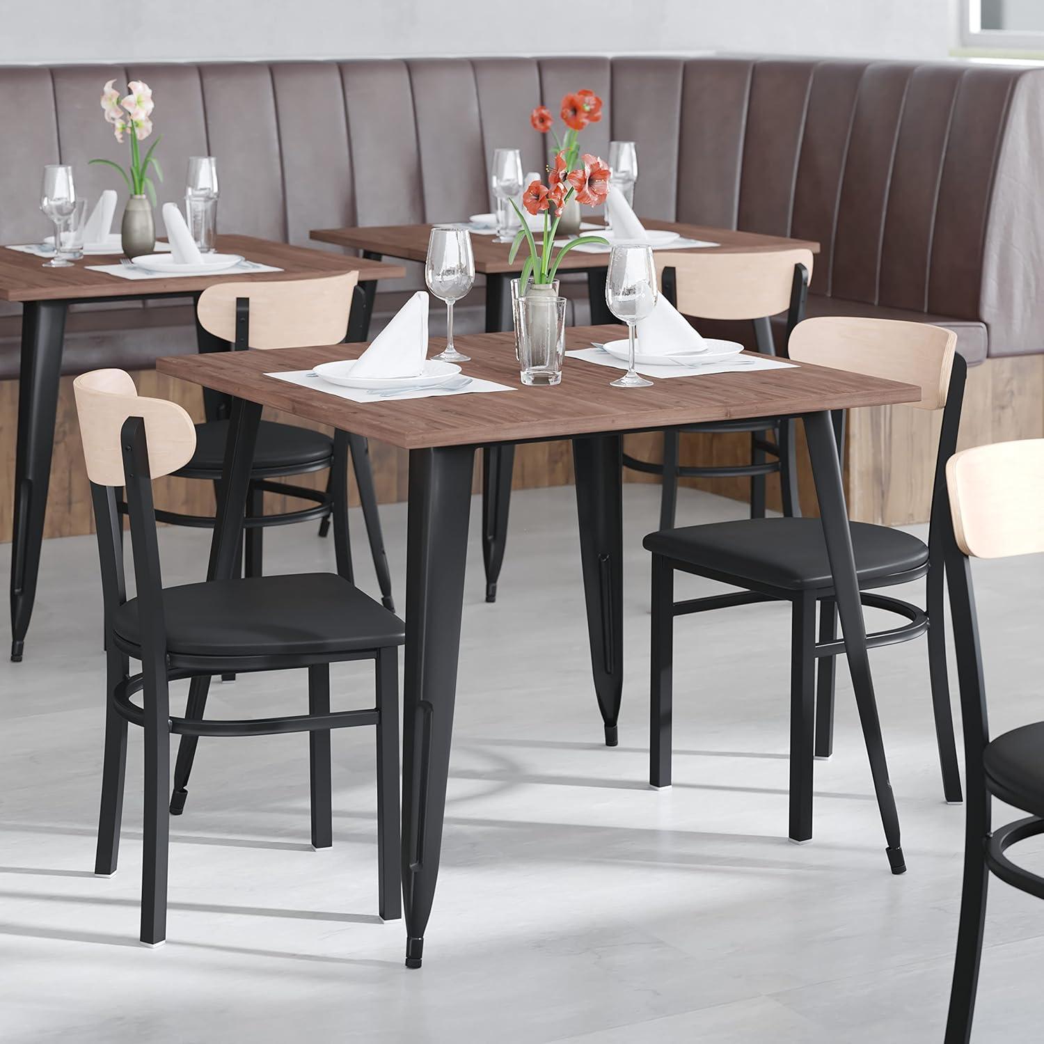imageFlash Furniture Wright Commercial Grade Dining Chair Natural Birch Finish Solid Wood Seat and Boomerang Back 500 LB Capacity Black Steel FrameNatural Birch Wood BackBlack Vinyl Seat